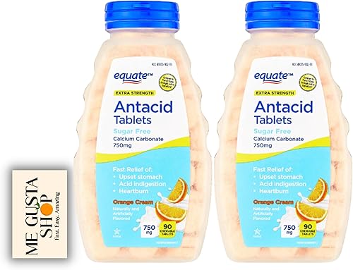 Equate - Tabletas masticables antiácidas extra fuertes, sin azúcar, crema de naranja, 750 mg, 90 unidades (paquete de 02) en total 180 calcomanías