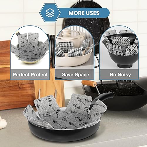 Miniatura 6 de Protectores para ollas y sartenes, juego de 18 y 3 tamaños diferentes para apilar sartén, almohadillas protectoras de sartén de fieltro más grandes
