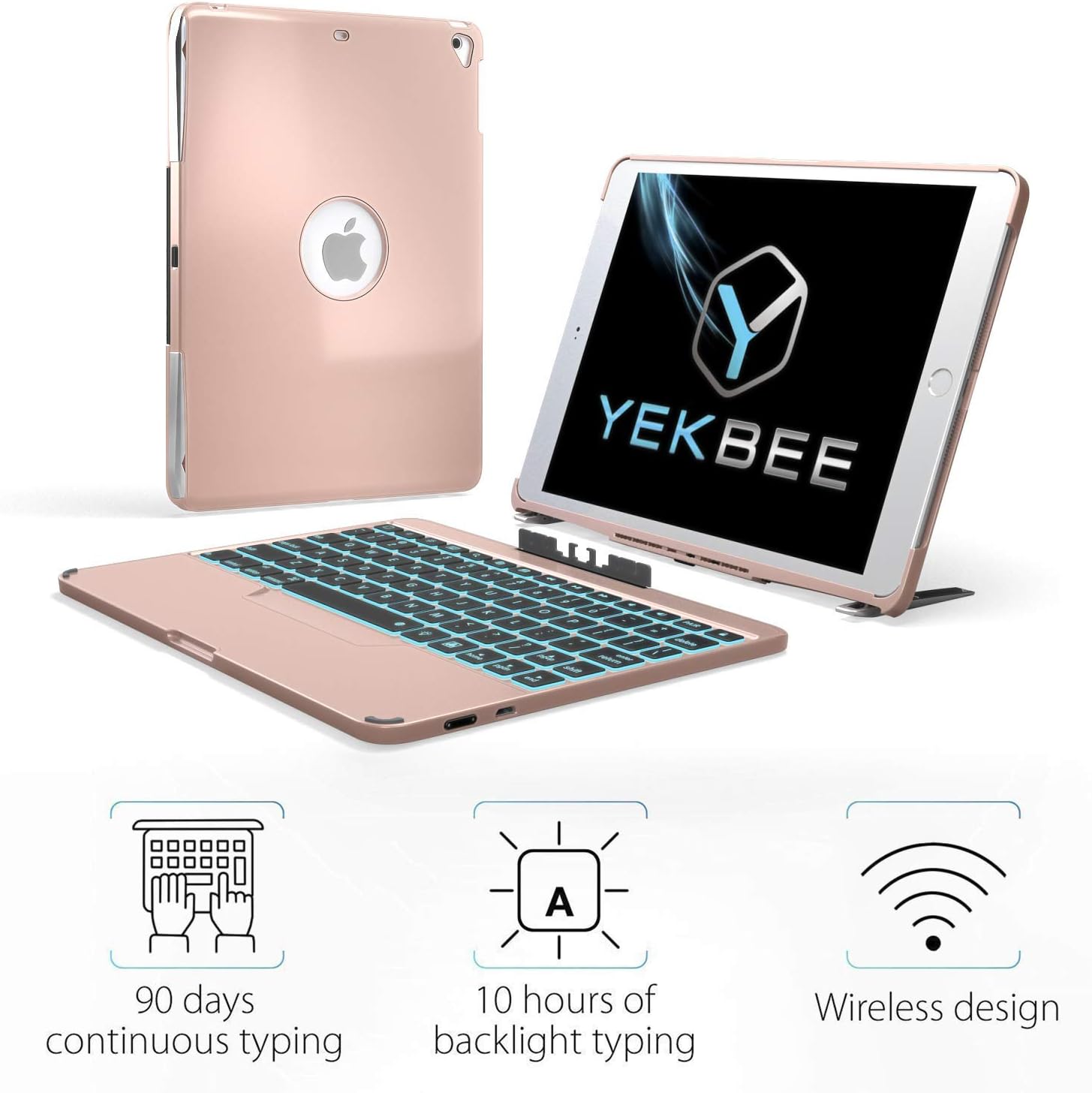 iPad Keyboard Case for iPad 2018 (6th Gen) - iPad 2017 (5th Gen) - iPad Pro 9.7 - iPad Air 2 & 1 - Thin & Light - Detachable - Aluminum - Wireless/BT - Backlit 7 Color - YEKBEE Modbook (Rose Gold)