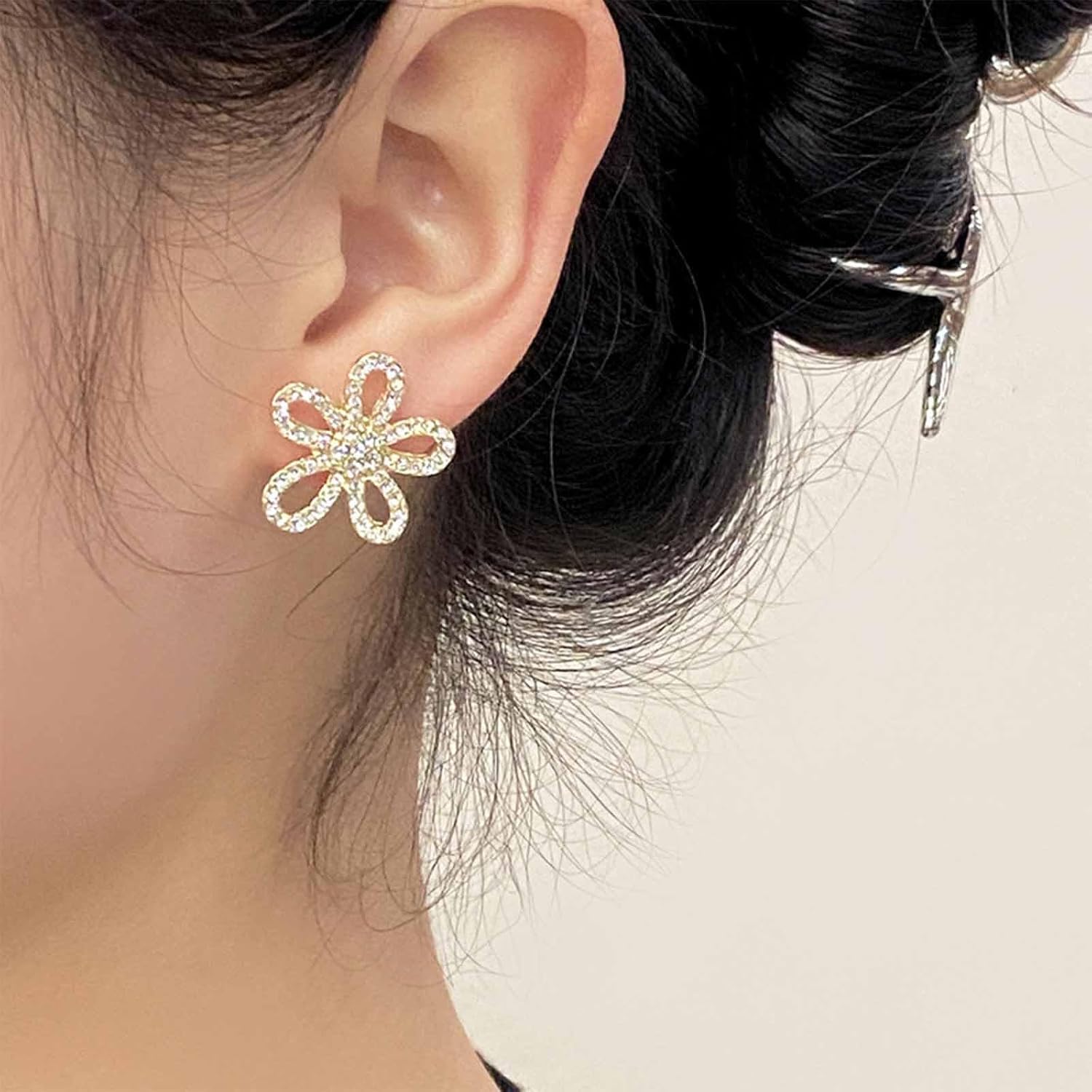 Vintage Crystal Flower Stud Earrings Gold Rhinestone Flower Earrings Full CZ Stud Earrings Floral Cz Earrings Jewelry for Women - Image 2