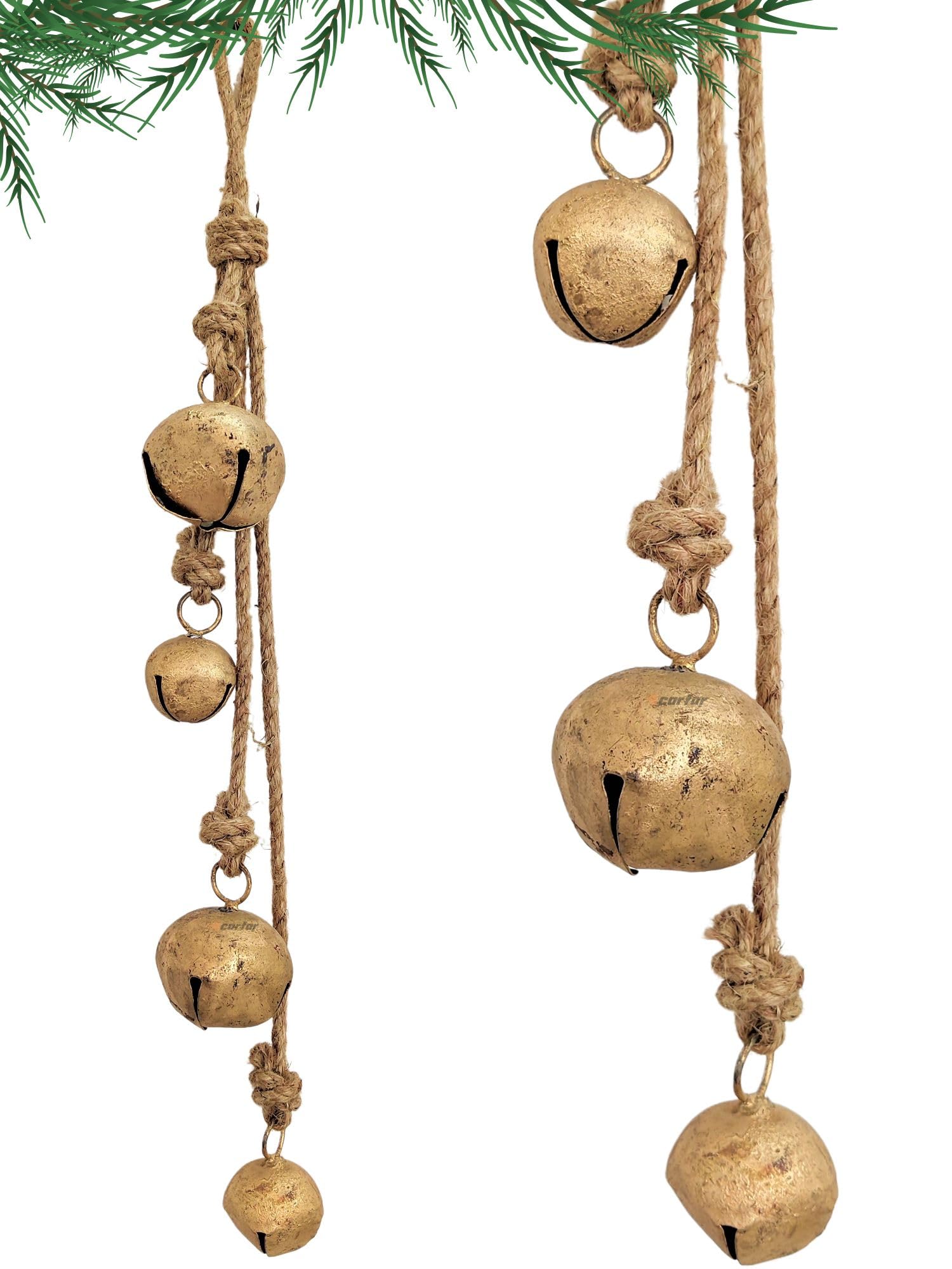 Shabby Chic Vintage Country Rustic Style Bells Cluster Hanging Handmade Metal Harmony Christmas Hanging Cow Bells on Jute Rope (1, Jingle)