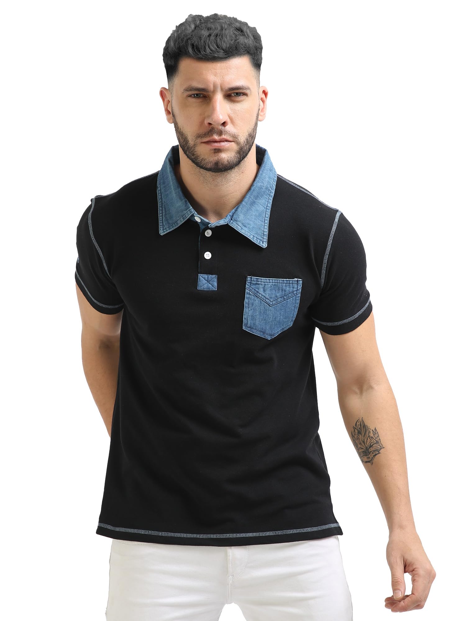 fanideaz Men's Denim Collar Premium Polo T Shirt with Denim Pocket-picture-13