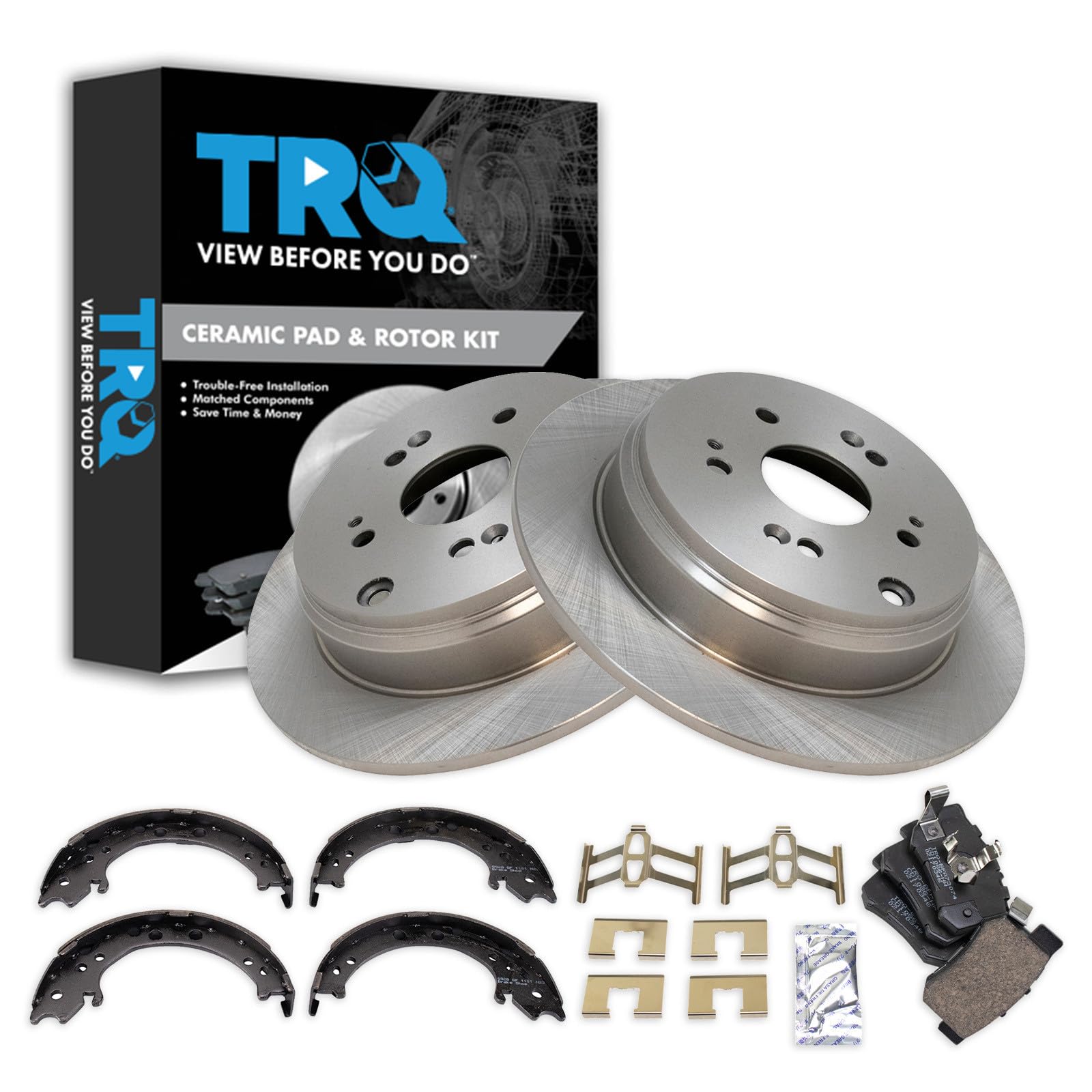 TRQ Rear Brake Pad and Rotor Set Ceramic Parking Brake Shoe Compatible with 2010-2018 Acura RDX 2007-2016 Honda CR-V