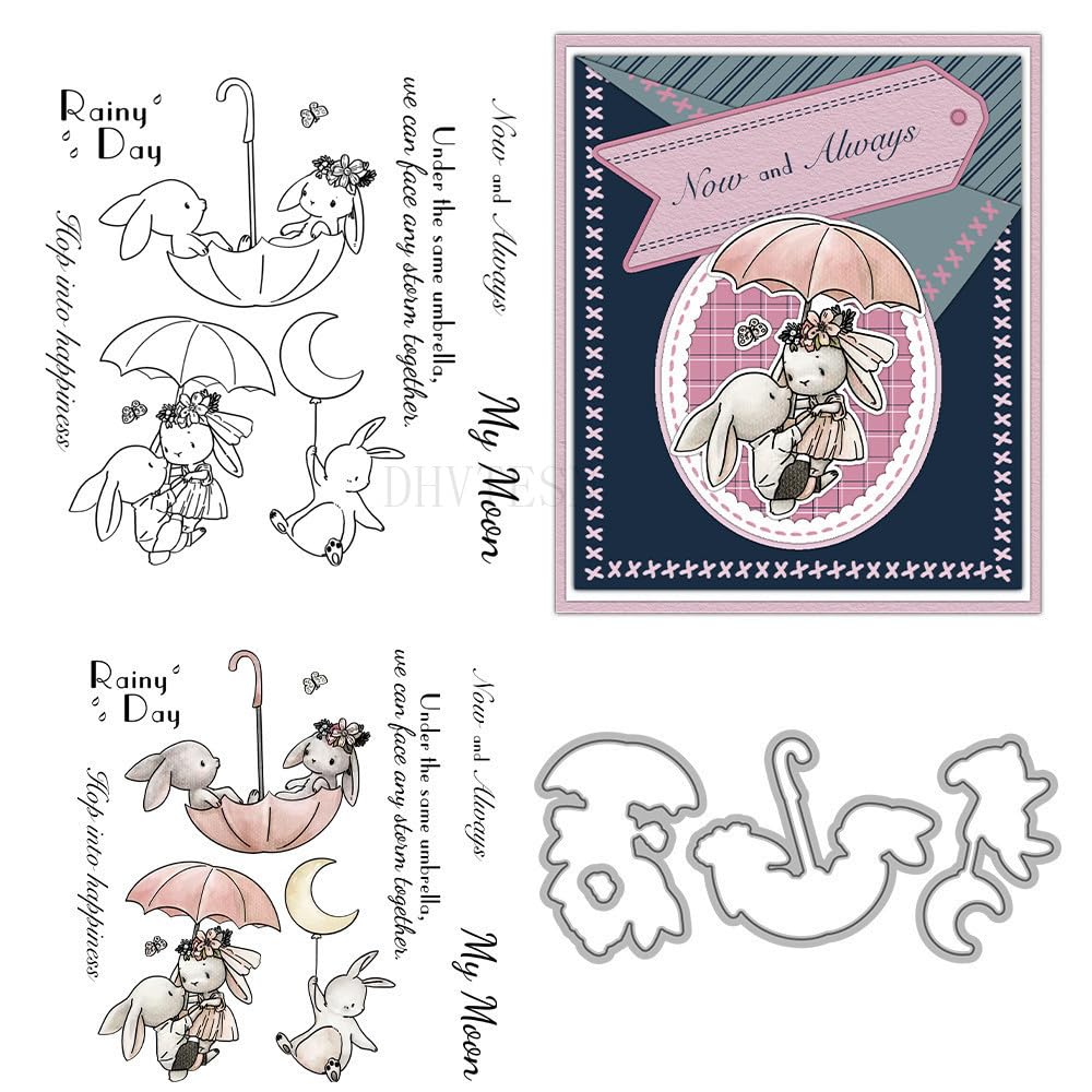 Couple Bunny Stamps and Die Cuts for Card Making Animals Transparent Silicone Clear Stamp and Metal Cutting Dies Sets for DIY Scrapbooking Paper Crafting Seals Decorative Supplies