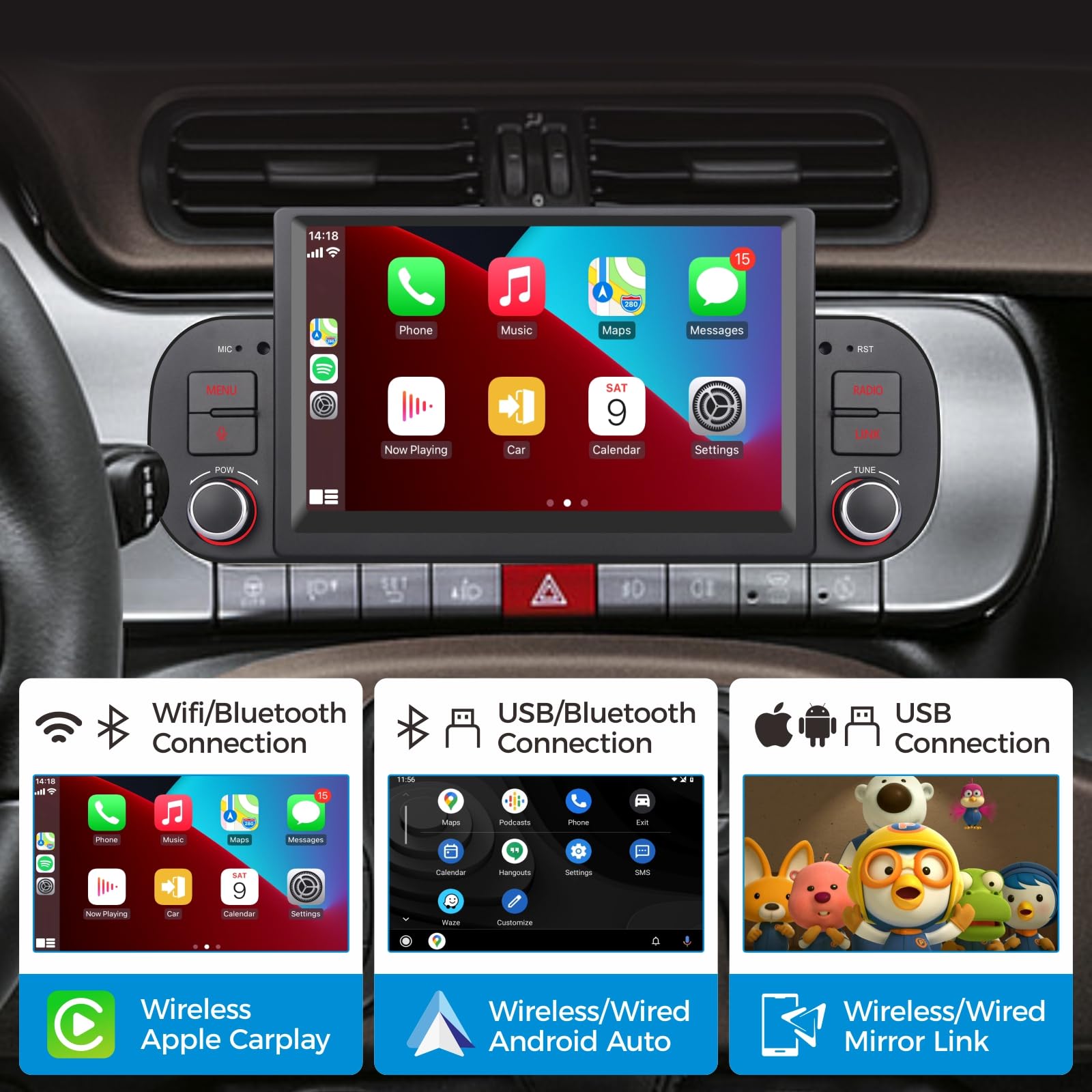 Car Radio wireless Carplay e Android Auto per Fiat Panda 2013-2020, Mirror Link Bluetooth 5.0 con touchscreen da 7 pollici RDS AM/FM USB DSP ad alta potenza Subw EQ SWC