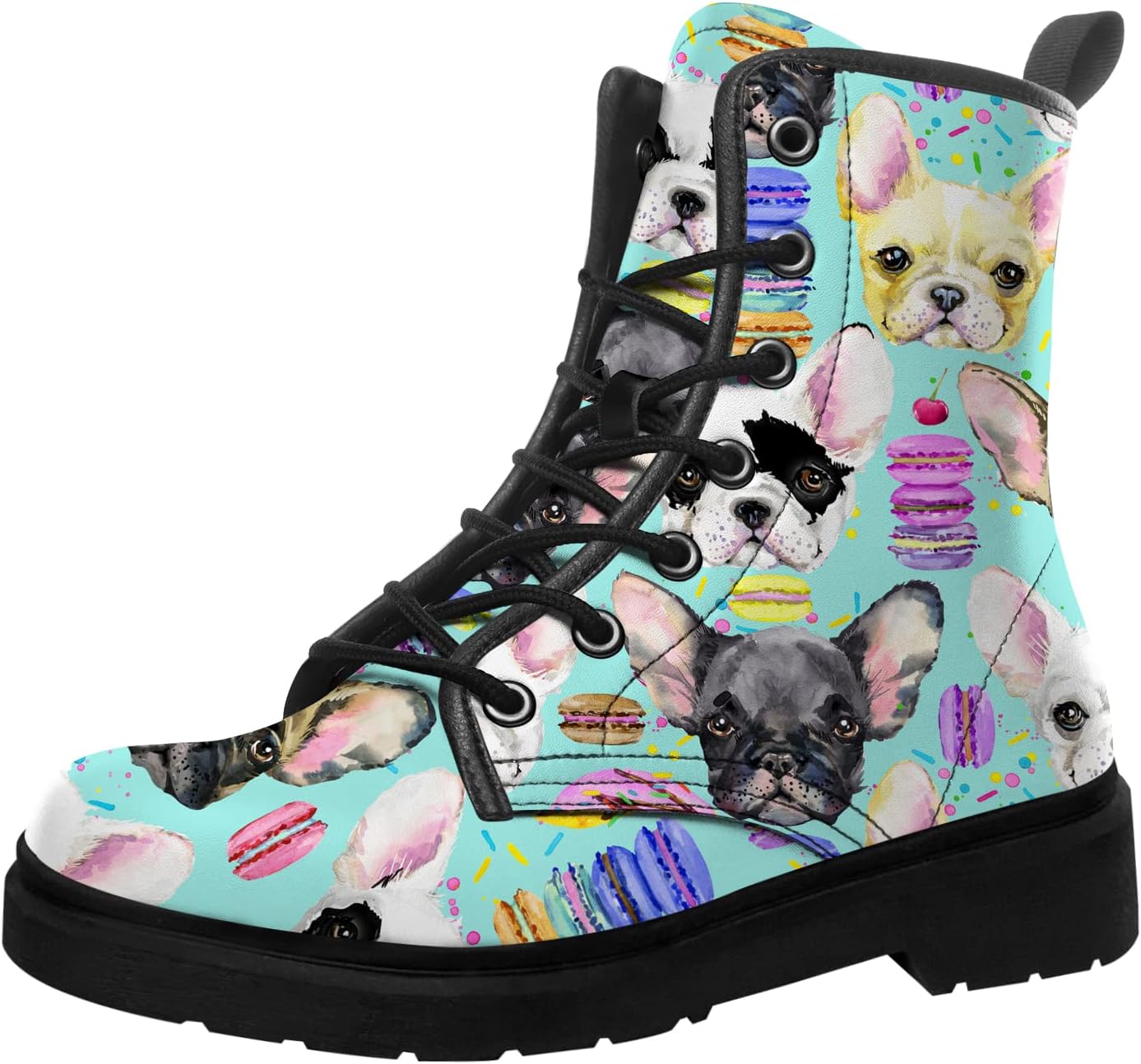 Dog Print Boots Womens Mens Combat Boots Vegan Leather Lace Up Ankle Boots Dog Lovers Waterproof Shoes Gifts for Him Her
