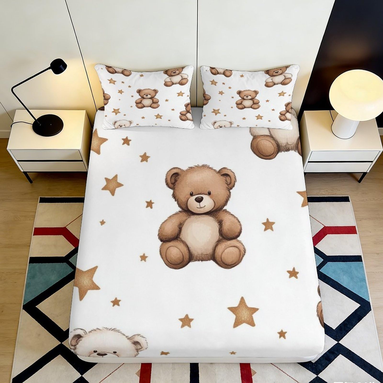 3D Printed Teddy Bear Fitted Sheet Microfiber Soft Breathable Star Pattern Mattress Cover for Bedroom Dormitory Guest Room Protection Decor 180x200x25cm