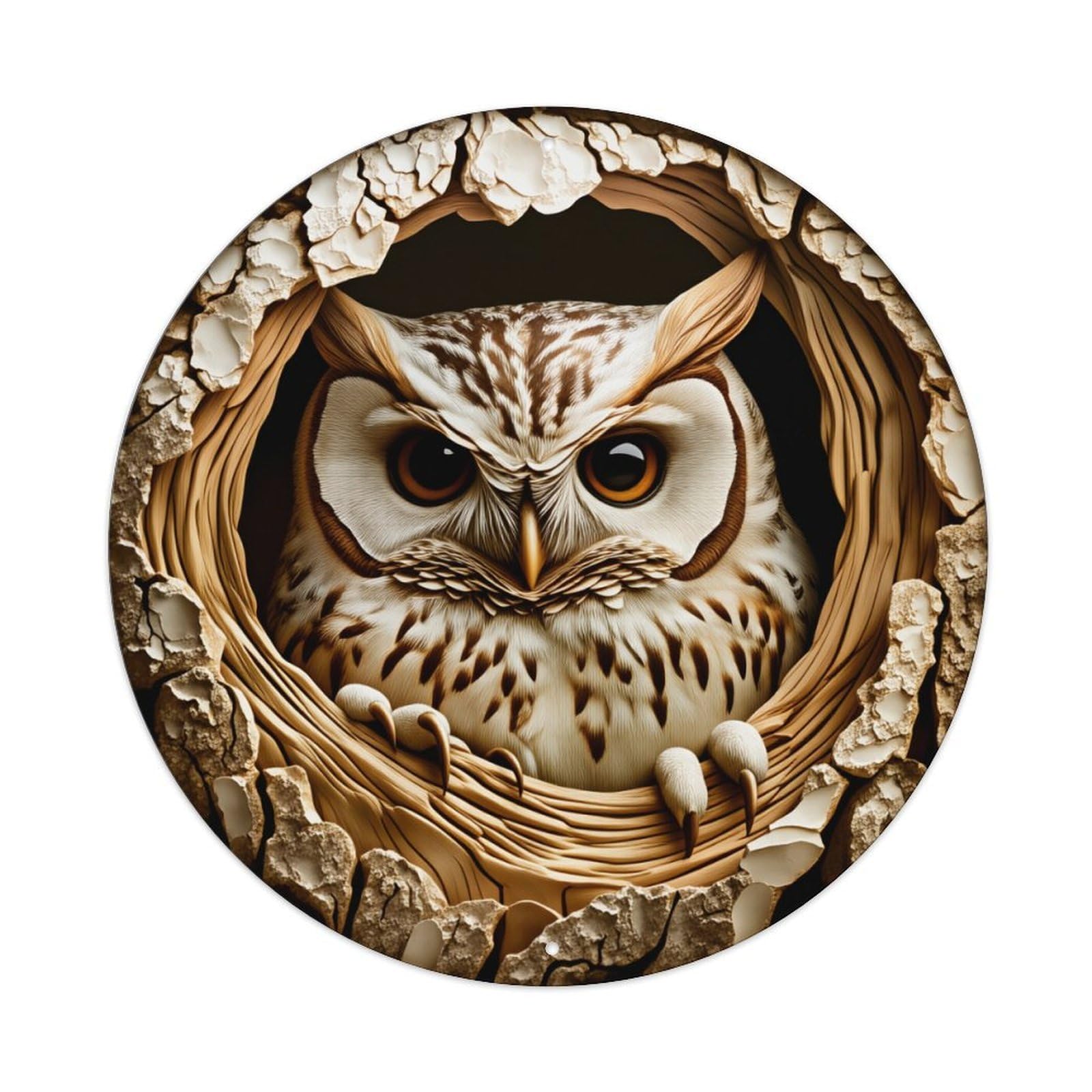 Wmlzdnwr Vintage Owl Nest Wood Carving Circular Design Pattern Round Tin Sign,Retro Wall Art,Metal Poster For Home, Bar, Garage, Cafe, Rustic Indoor & Outdoor Decor, 8X8 Inches