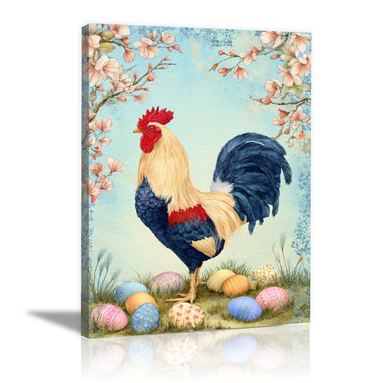 TERUEA Funny Pictures for Bathroom Walls, Wall Art Poster Colourful Rooster Blossom Branches Easter Eggs Watercolour Bathroom Wall Art Poster, for Bathroom Toilet Decor(Blue)-30x45cm Framed