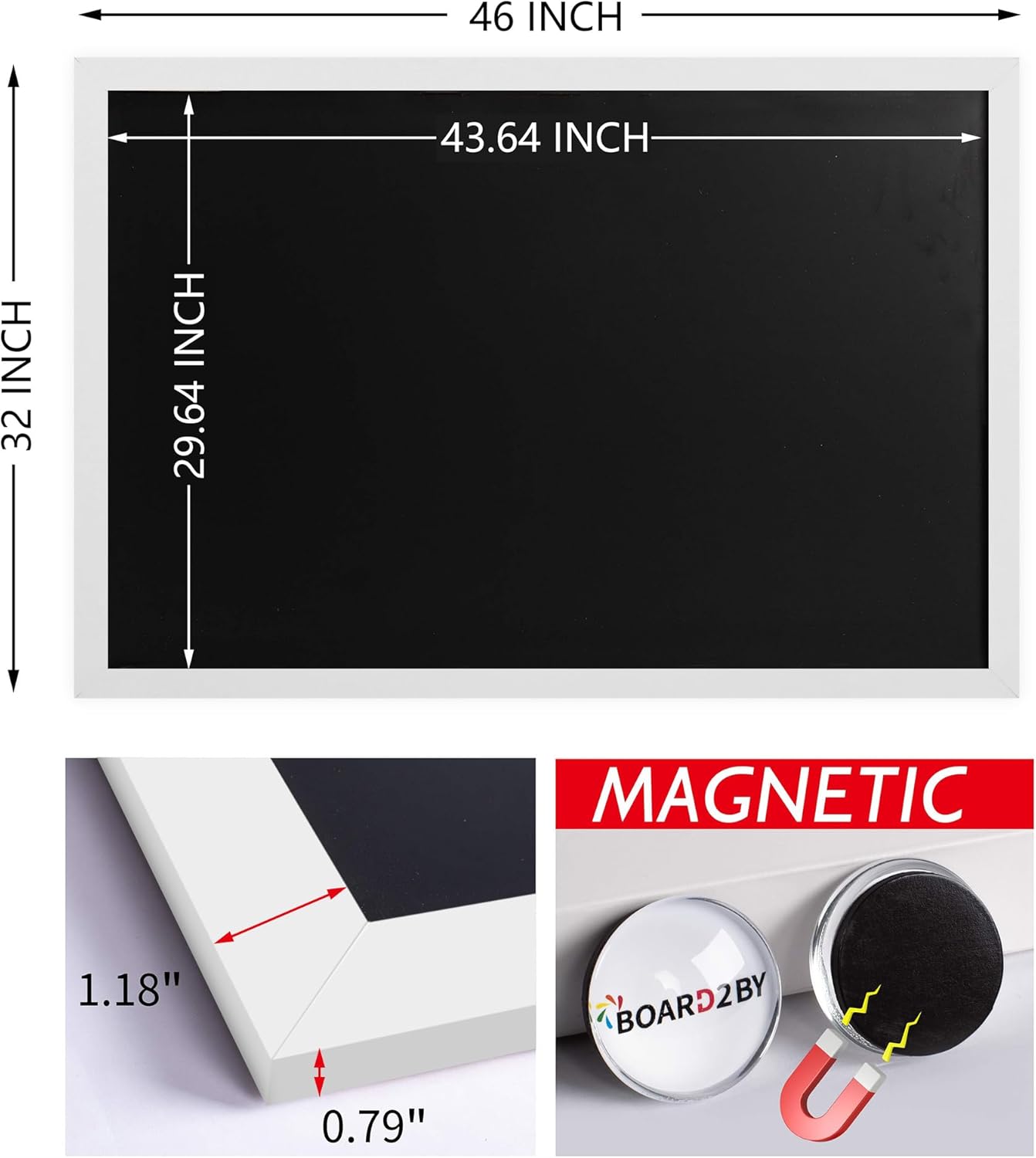 Board2by Magnetic Chalkboard Black Board 46 x 32, Extra Large Chalk Board Blackboard for Wall Decor, Easy-to-Erase Wood Framed Magnet Board, 4 Magnets for School, Home & Office (Classic White)