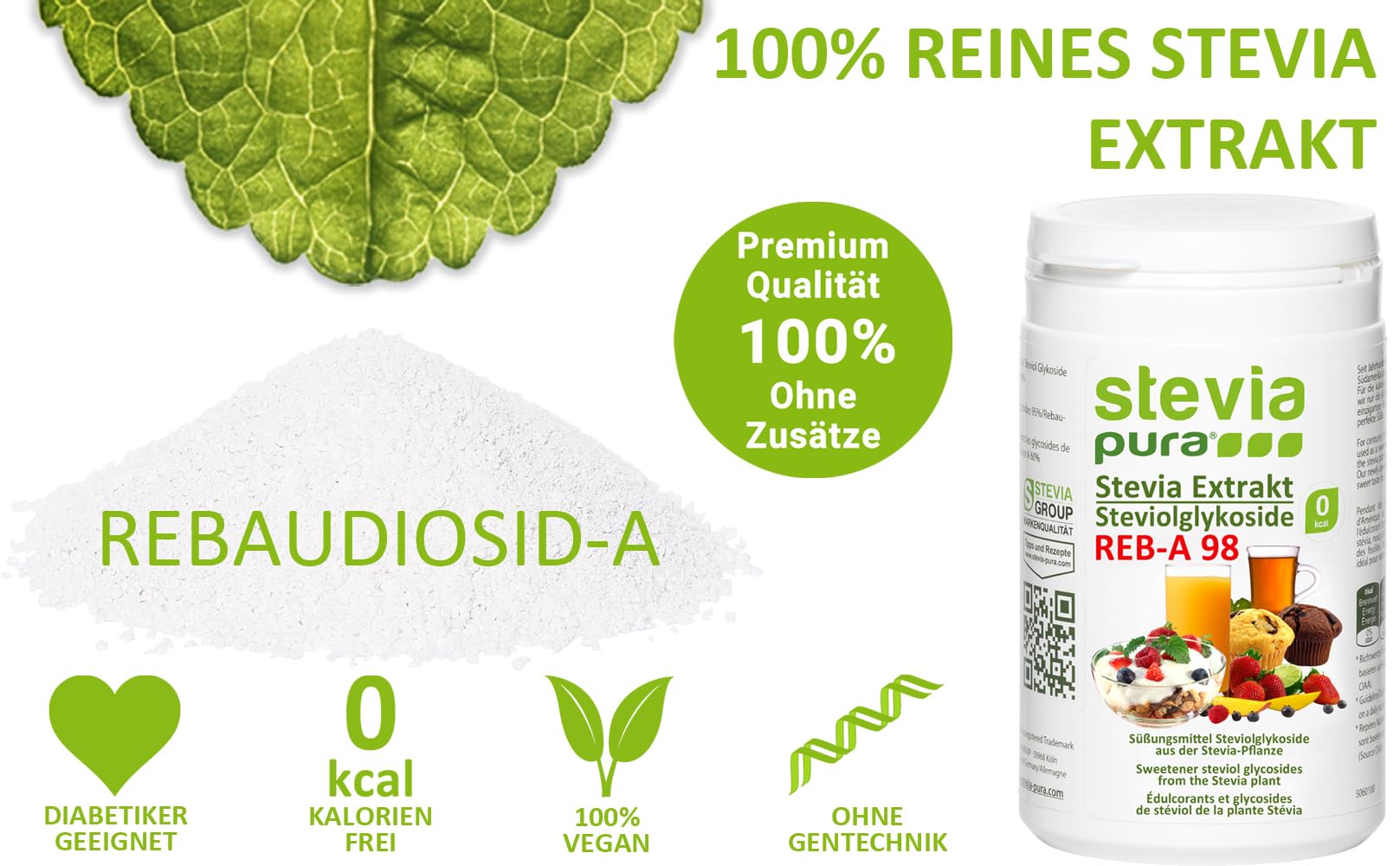 steviapura | 100% Reines, hochkonzentriertes Stevia Extrakt Pulver 100g | Süßungsmittel auf Basis von Steviolglycosiden aus der Pflanze (Stevia rebaudiana) und Rebaudiosid-A 98%