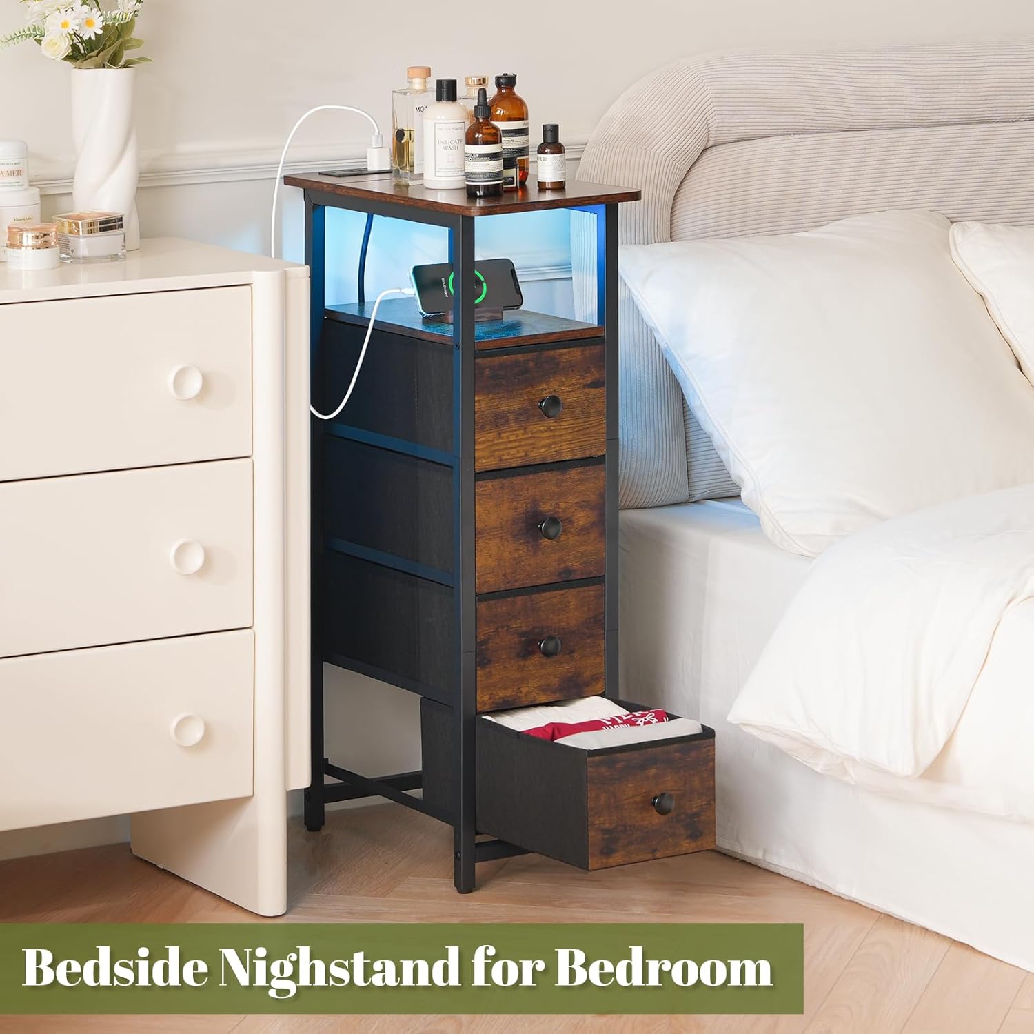 Yoobure LED Narrow Nightstand with Charging Station - Slim Dresser for Bedroom Narrow Side Table Storage Cabinet, Small Dressers Chest of Drawers, Tall Skinny Night Stand End Table for Small Spaces