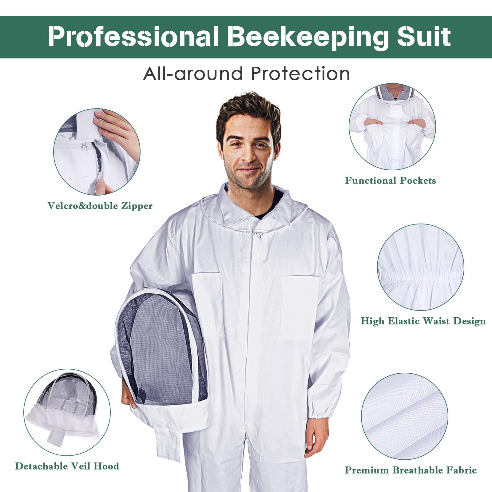 Traje de apicultor profesional para hombres y mujeres, disfraz de apicultor de cuerpo completo con capucha y velo para apicultor (XXL)