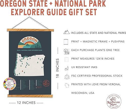 Miniatura 2 de Oregon State Parks - Juego de póster de lista de cubo de 12 x 18 pulgadas con mapa de los parques estatales y nacionales de Oregon, marco magnético