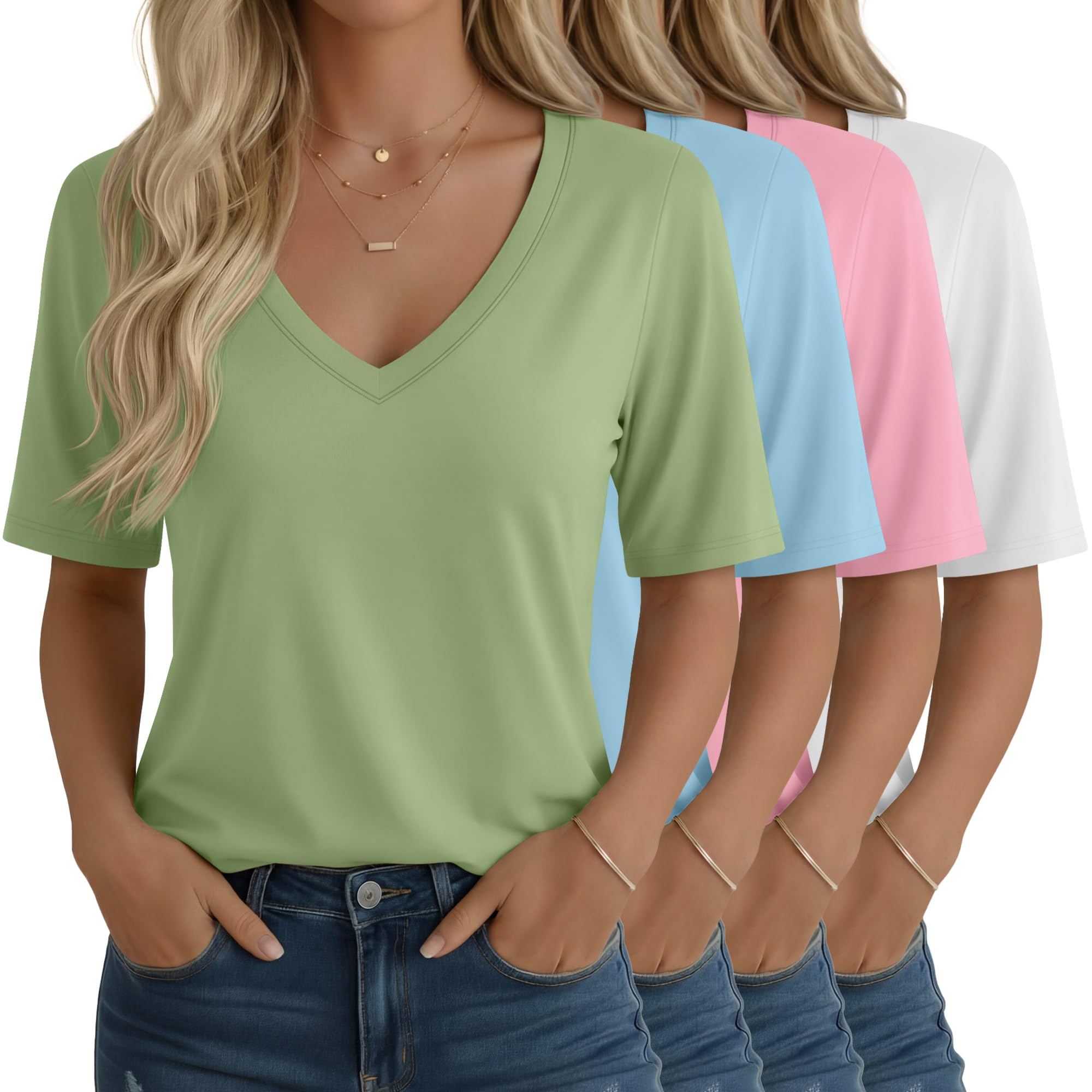 Geyoga Lot de 4 T-Shirts Femme Col V | Manches Mi-Longues, Coupe Décontractée, Ourlet Droit, Tops D'Été, Confortables, Respirants