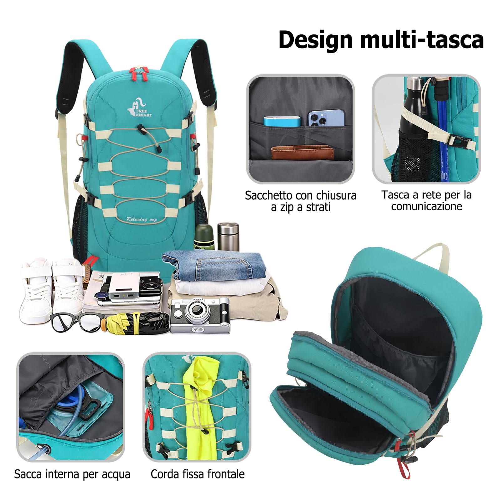 Zaino da Escursionismo Outdoor 40L Zaino di Giorno da Campeggio Impermeabile Grande Zaini Backpack in Nylon per Donne Uomini Viaggio Trekking Arrampicata Rosa Rossa