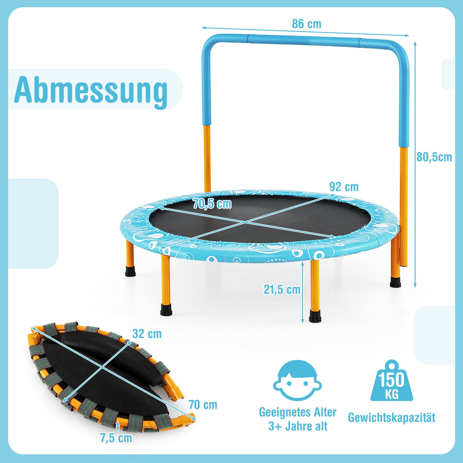 COSTWAY φ92cm Mini Trampolin, Fitness Trampolin faltbar, Kindertrampolin bis 150kg belastbar, Gartentrampolin, Indoor- und Outdoortrampolin