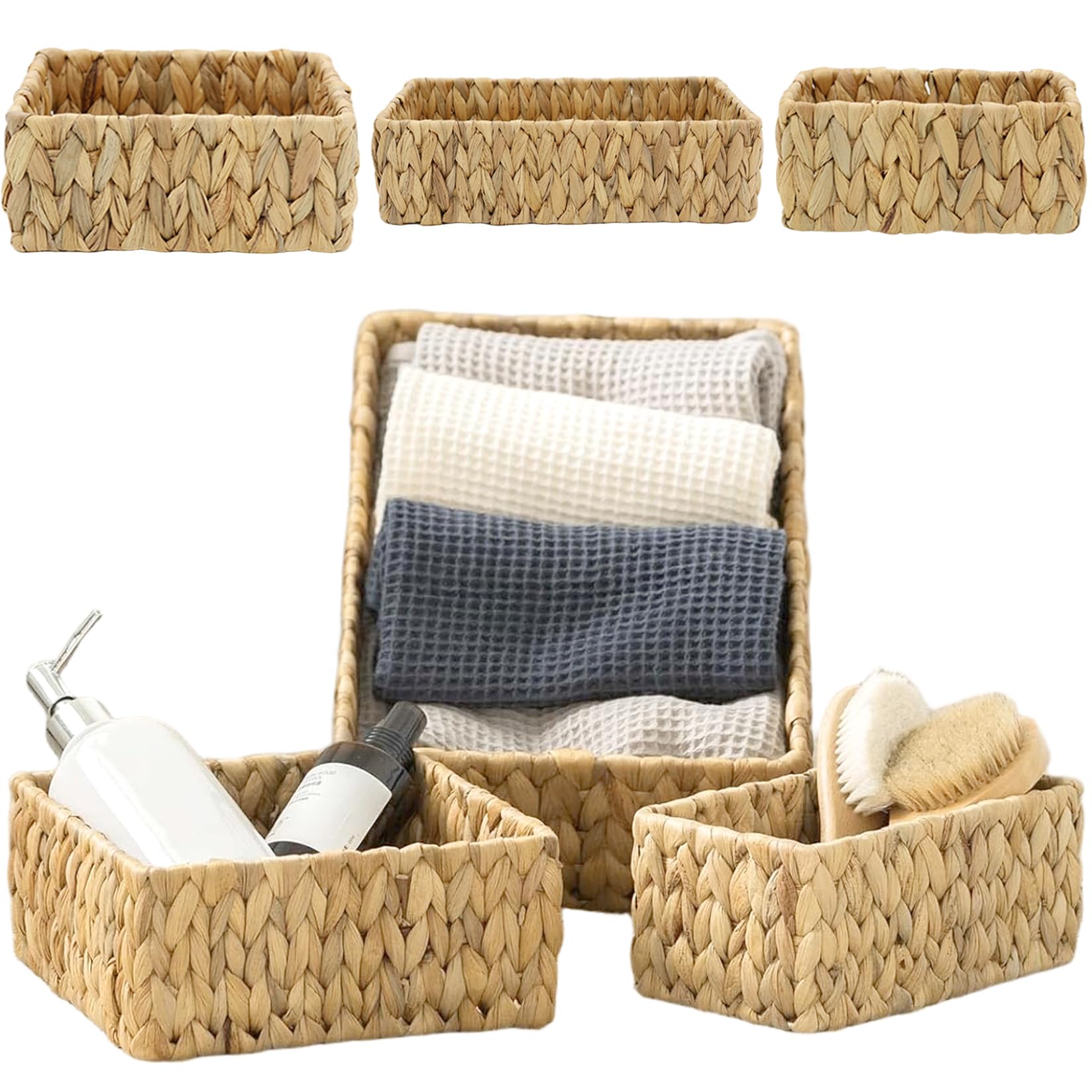 Vervevum 3Pcs Woven Basket, 3 Size Natrual Water Hyacinth Wicker Storage Basket Decorative Rustic Organizer for Home Bathroom Kitchen, Baskets for Organizing