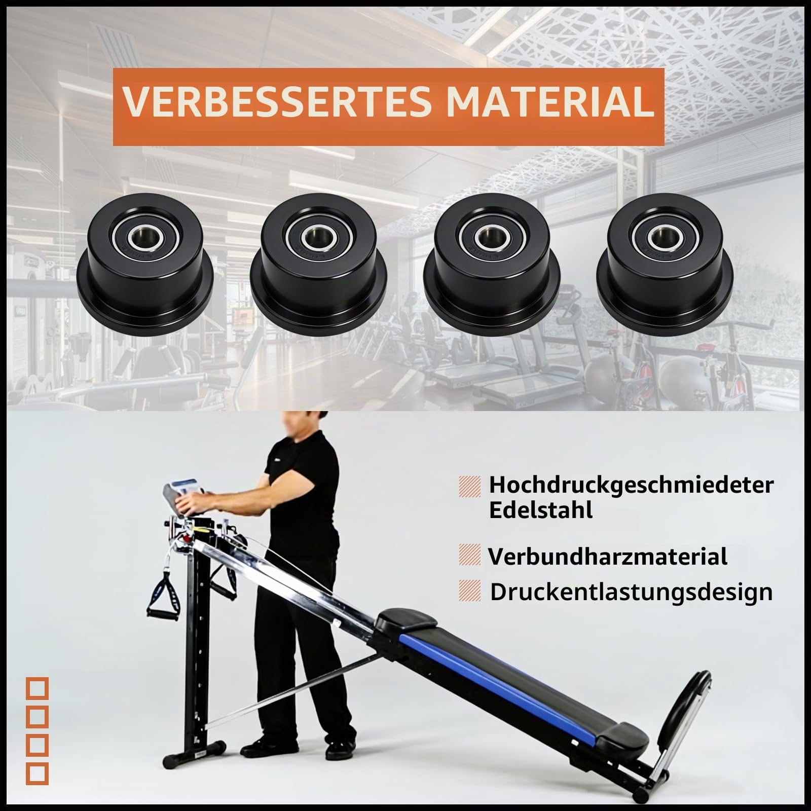 Set mit 4 gefrästen Rädern/Rollen, kompatibel mit Total Gym 1000, 1100, 1400, 1500, 1600, Achiever, Force, Gold, Max, Platinum, Platinum Plus, Pro, Supra, Supreme, Ultima, 4 tra, XLI (Schwarz)