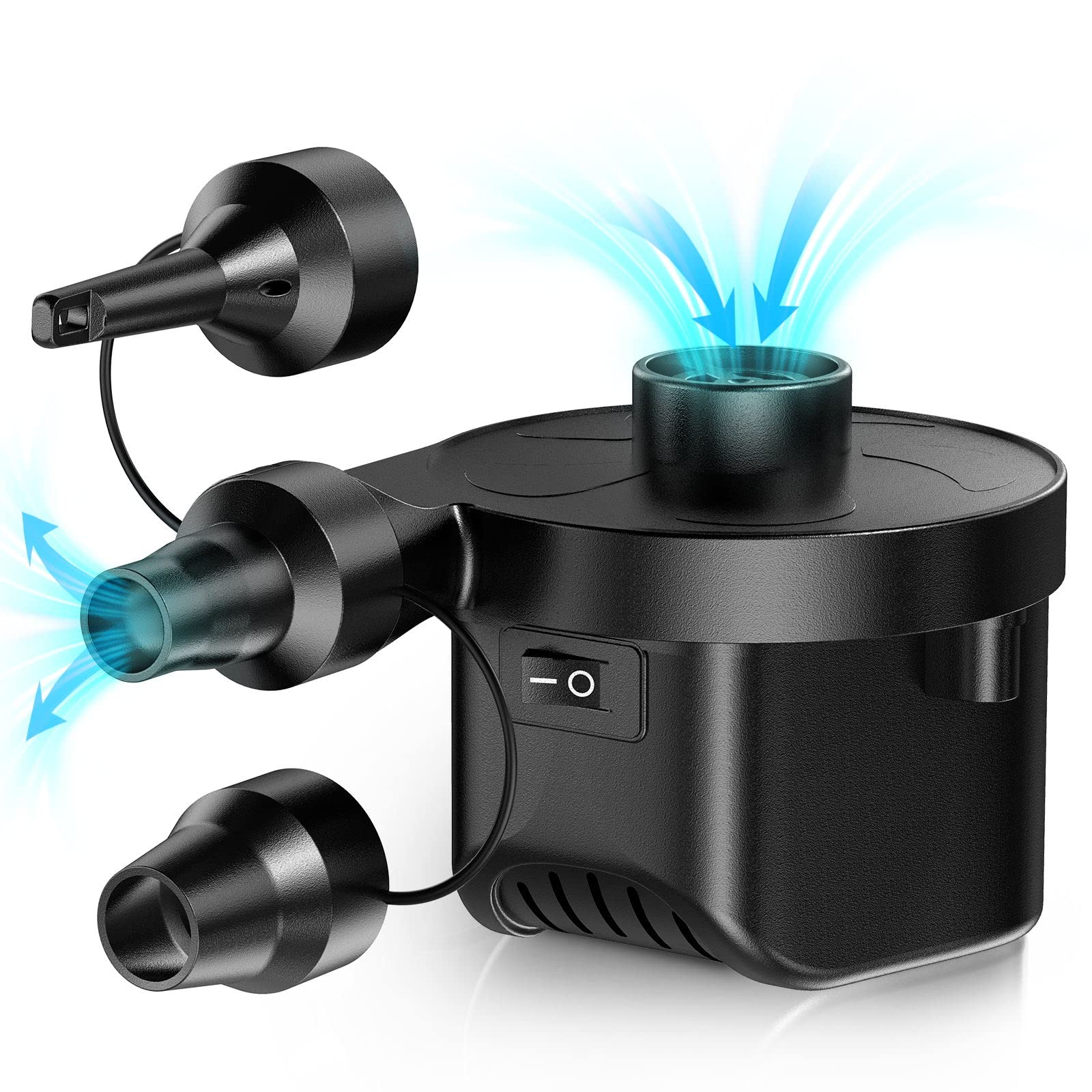 KarviparkElectric Air Pump, Electric Pump Automatic 2 in 1 Quick Fill Deflate Power Pump, Electric Bellows with 3 Nozzles for Outdoor Air Mattress Bed, Swimming Ring, Inflatable Toys