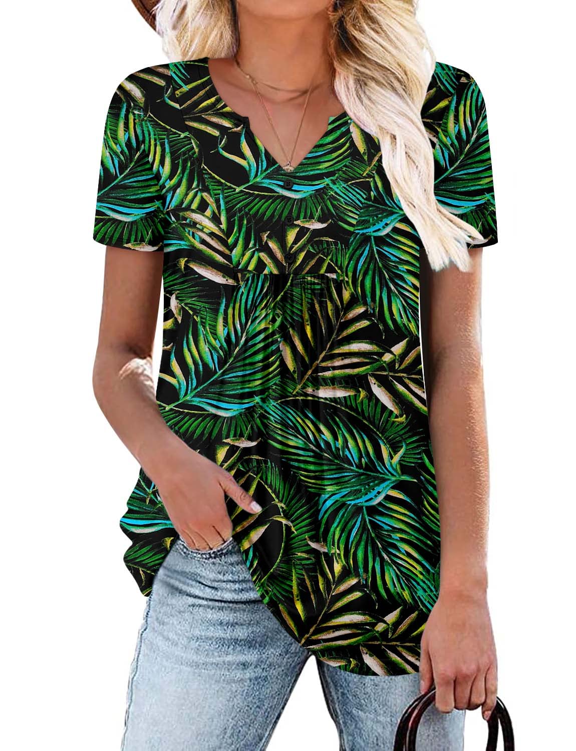 BETTE BOUTIK Womens Short Sleeve Tunics V Neck Button Down Shirts Blouse Tops Pullover S-3XL