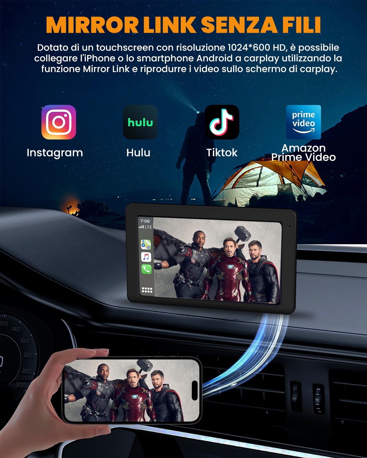 Carplay Auto, 7" Android Auto Wireless, Autoradio Bluetooth con Schermo con Navigazione GPS, Bluetooth 5.2, Controllo Vocale a Mani Libere, Mirror Link, Facile Installazione