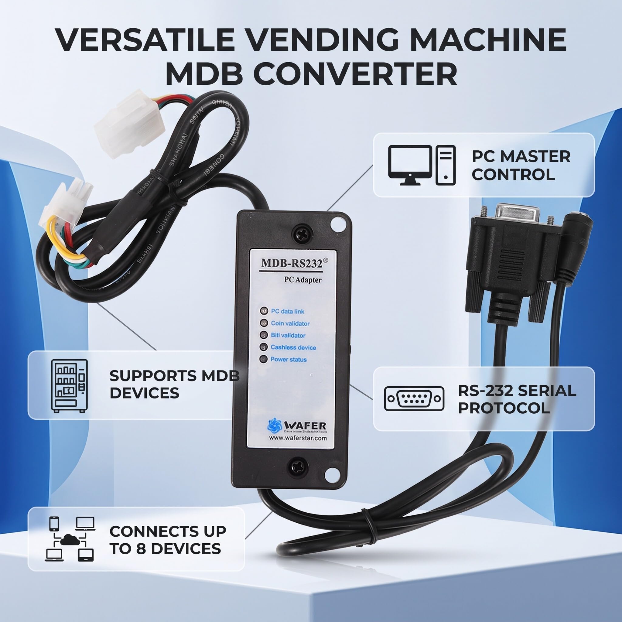 MDB-zu-RS232-Konverter, ABS-Kunststoff MDB-Zahlungsgerät zu PC-Konverter RS232-Adapter Bill Acceptor Computer Serial Port Transfer Box Zum Anschließen von MDB-Münzempfängern