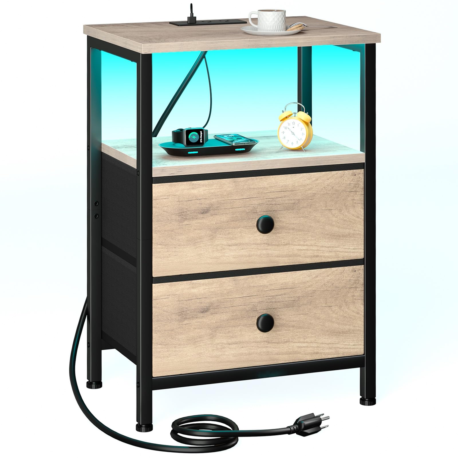 LOAKEKEL Nightstand with Charging Station, End Table with 2 Fabric Drawers, LED Night Stand for Bedroom, Small Bed Side Table with USB Ports and Outlets for Living Room, Grey, HETS02GY-1