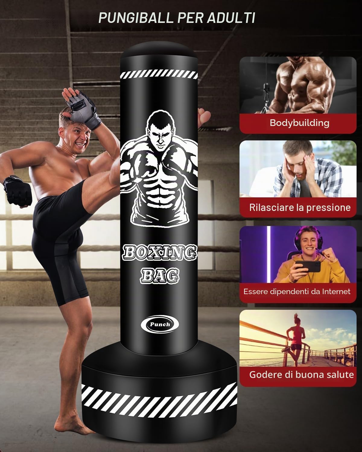 Sacco da boxe per adulti, 180 cm, autoportante, gonfiabile, pesante, con supporto, per MMA, Muay Thai, fitness, attrezzature da allenamento per uomini e donne