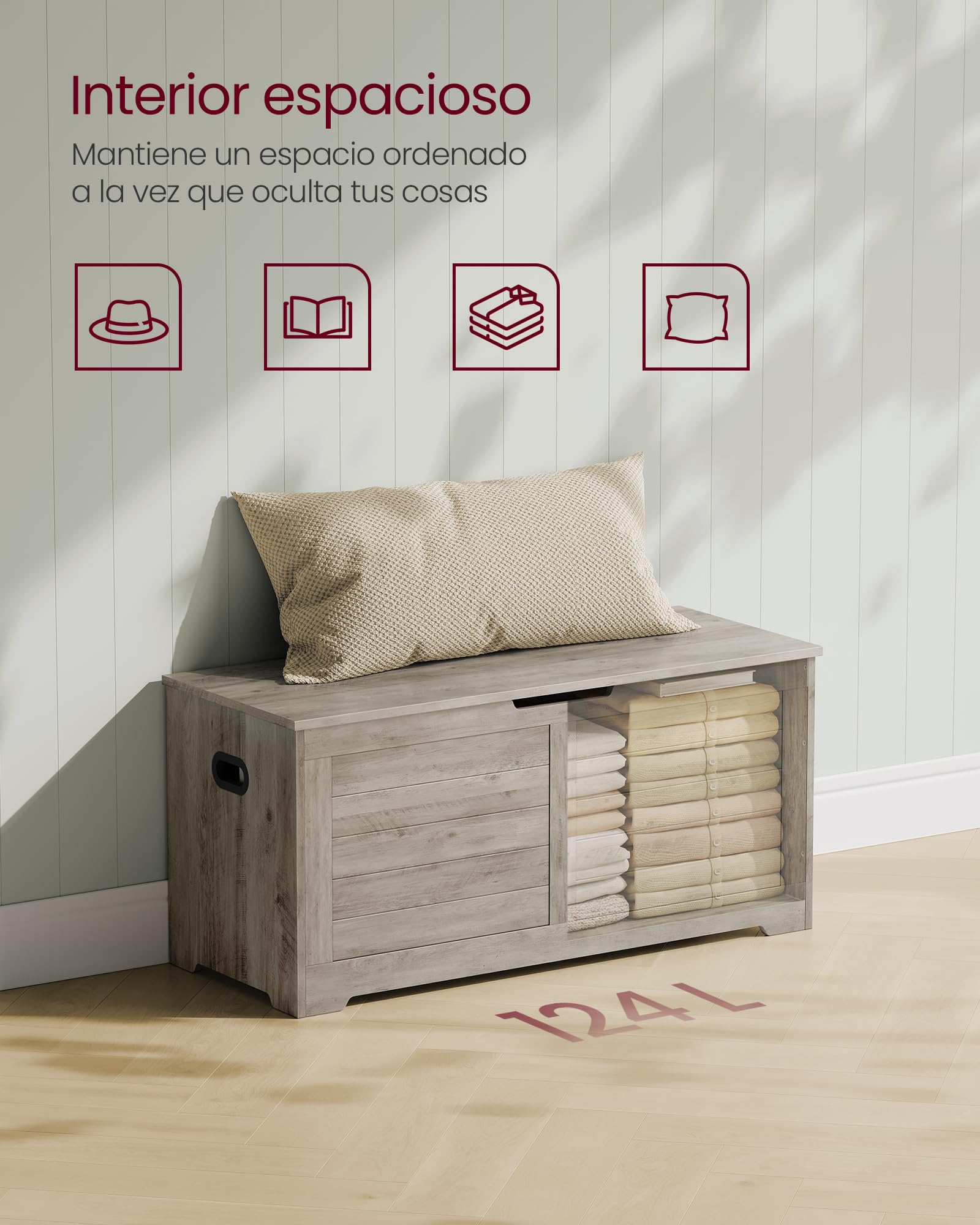 VASAGLE Puff Almacenaje con 2 Bisagras de Seguridad, 40 x 100 x 46 cm | Baúl, Banco Zapatero, Estilo de Campo, para Pasillo Dormitorio Salón, Greige Mélange, Colección SOFIE LSB061K02