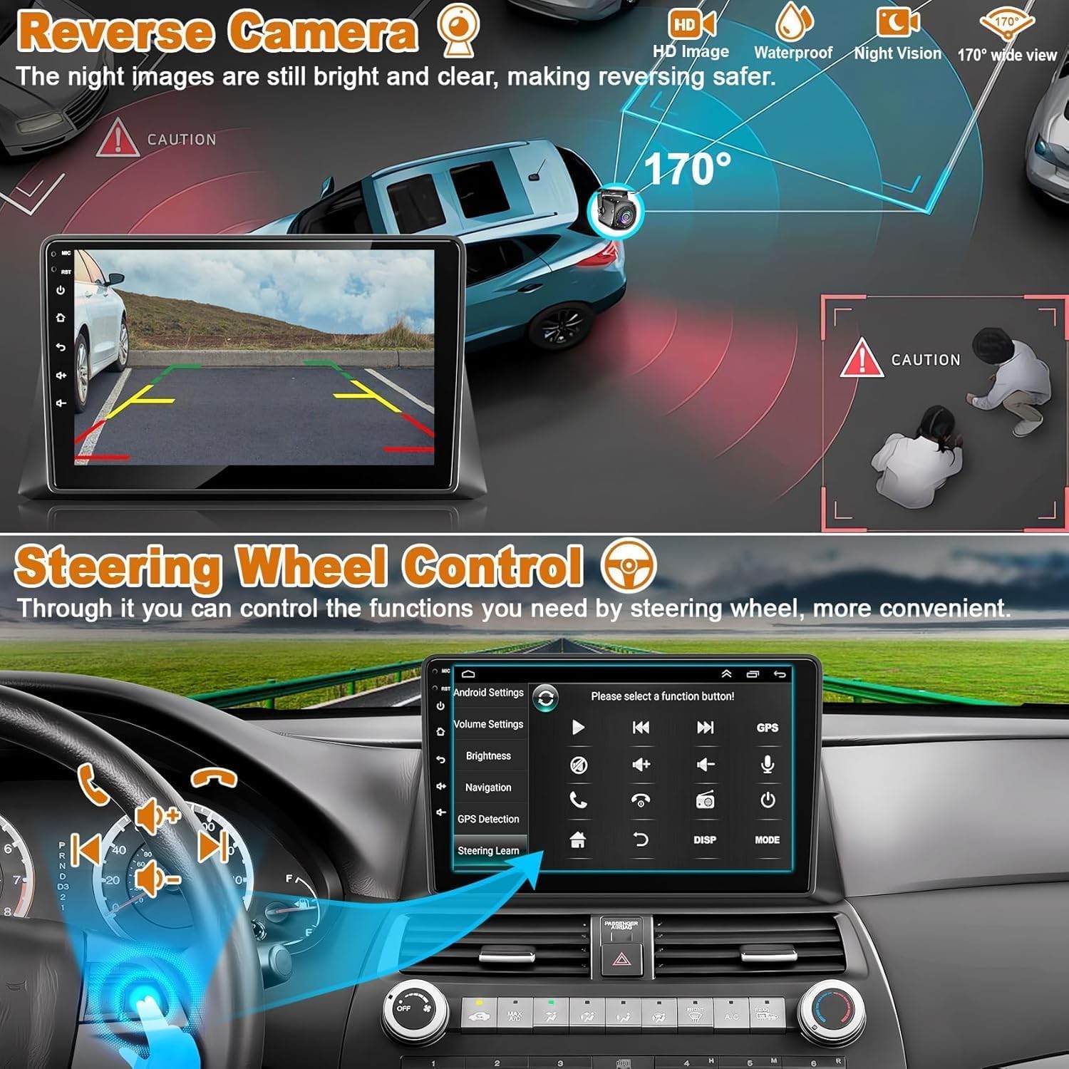 Car stereo display showing reverse camera view and steering wheel control settings.