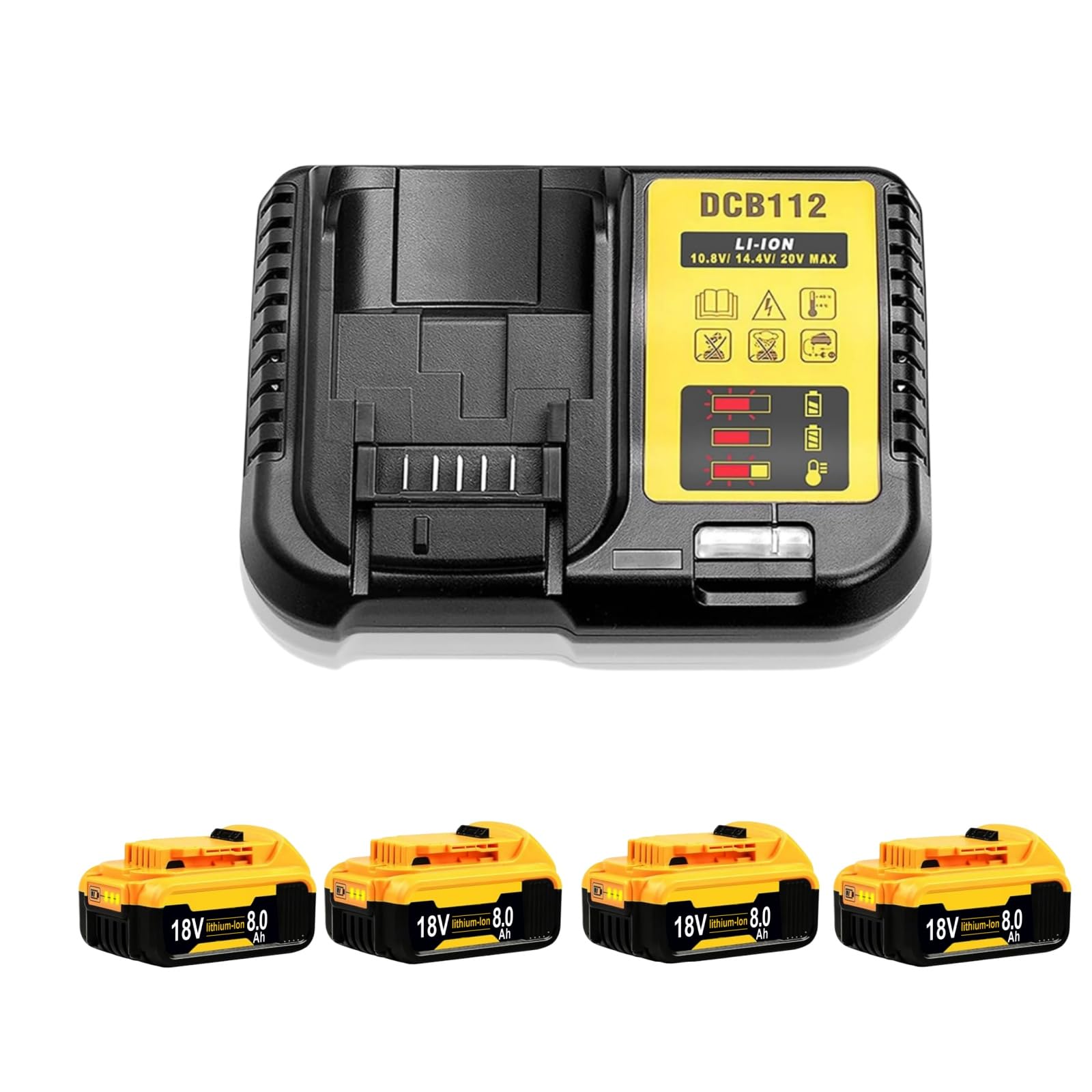 4 Pack 8000mAh Replacement for Dewalt Battery 18V with Charger 4A Compatible with Dewalt 18V Battery DCB184 DCB200 DCB180 DCB181 DCB182 DCB201 DCB200-2 with LED Indicator — image 1