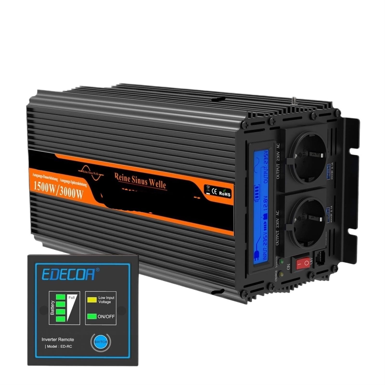 Przetwornica napięcia, Inwerter UPS z ładowarką 1500 W 2500 W DC 12 V do AC 230 V konwerter czysta fala sinusoidalna transformator poza siecią dla domu Do samochodu, kempingu, podróży(1500W)