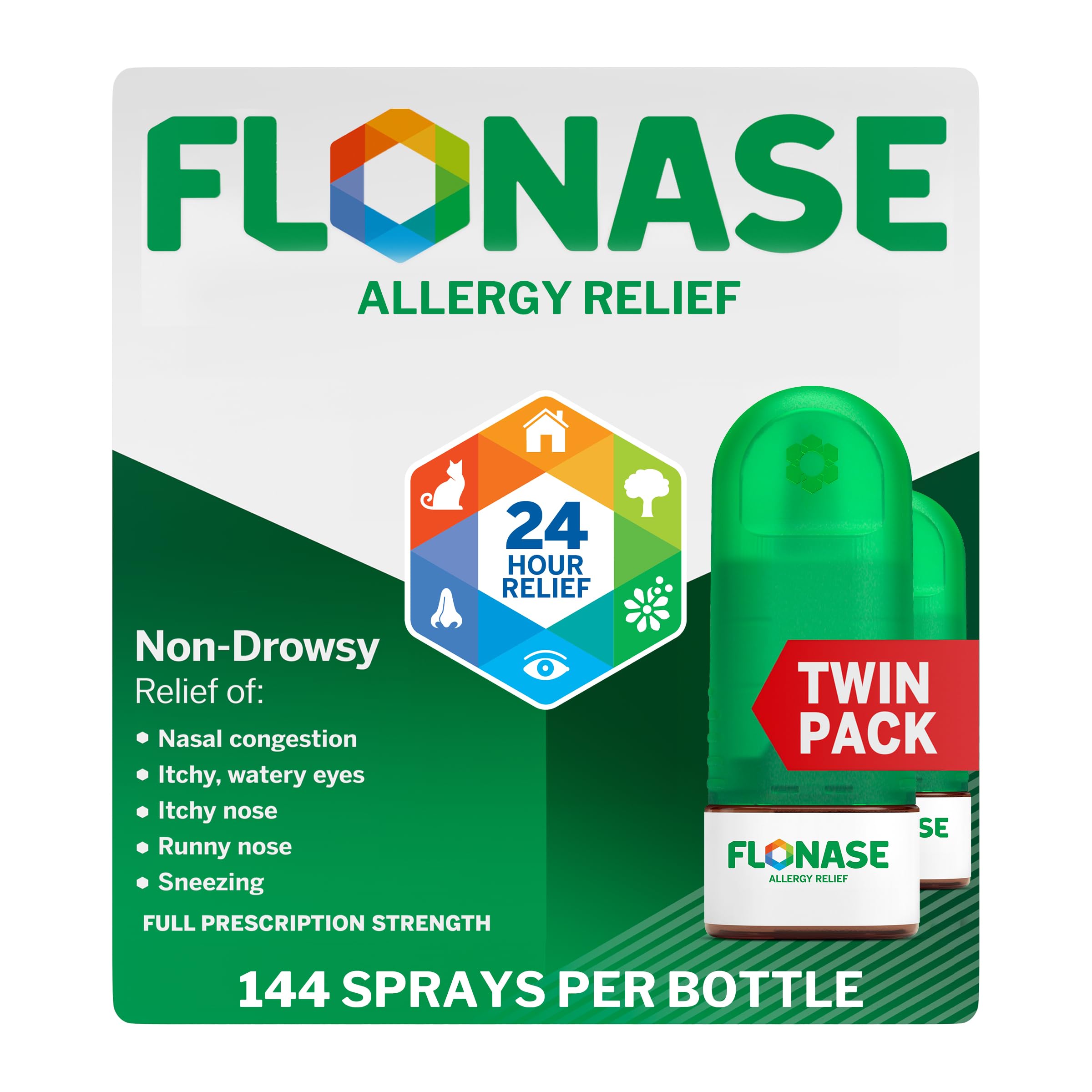 Flonase Allergy Relief Nasal Spray, 24 Hour Non Drowsy Allergy Medicine, Metered Nasal Spray - 144 Sprays (Pack of 2) - Fall and Seasonal Allergy Relief