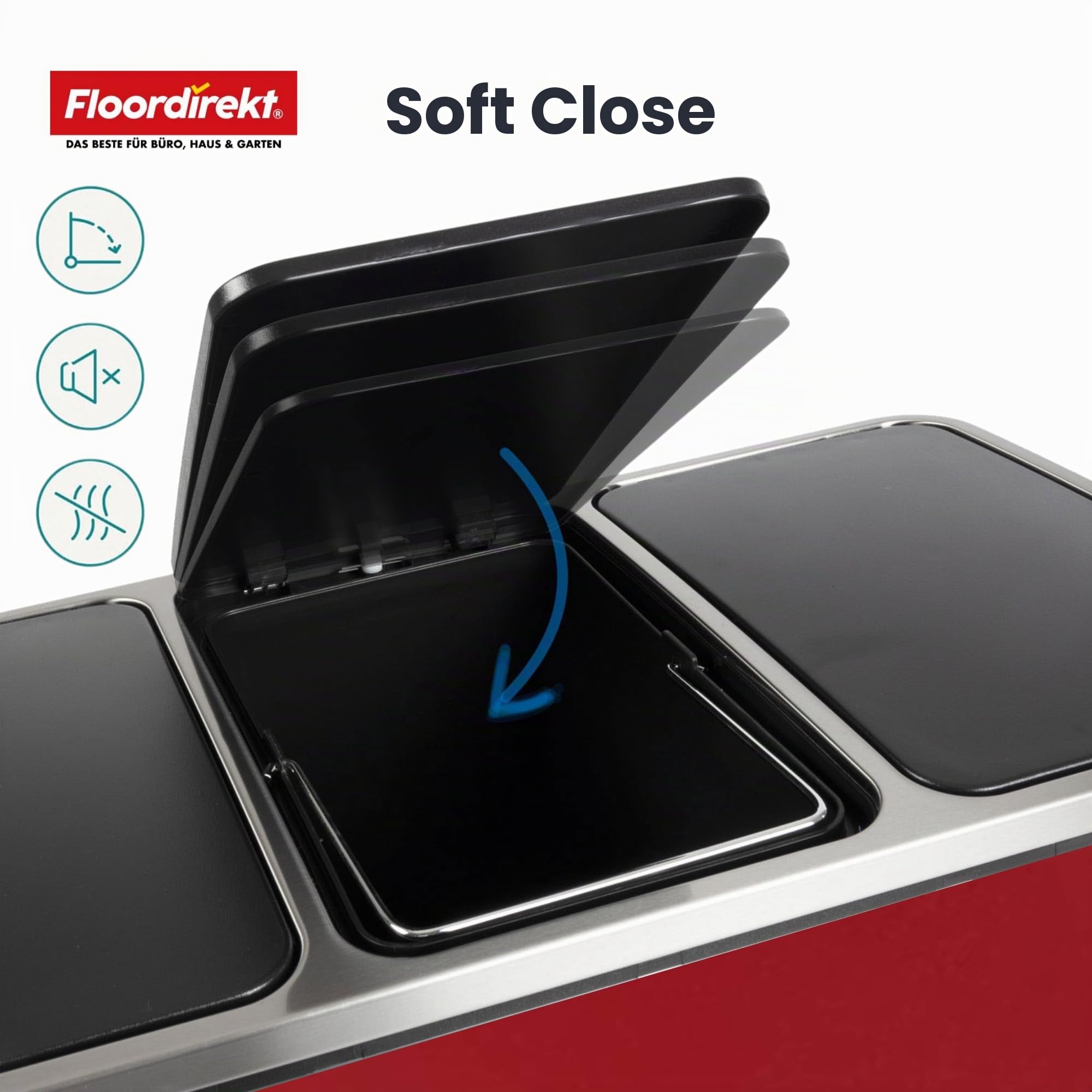 Floordirekt Mülleimer Küche 2×15L Rot | 2-Fach Mülltrennsystem, Treteimer Küche, Metall, Soft-Close, luftdicht, Kunststoff-Inneneimer, Klappdeckel – (Felix)