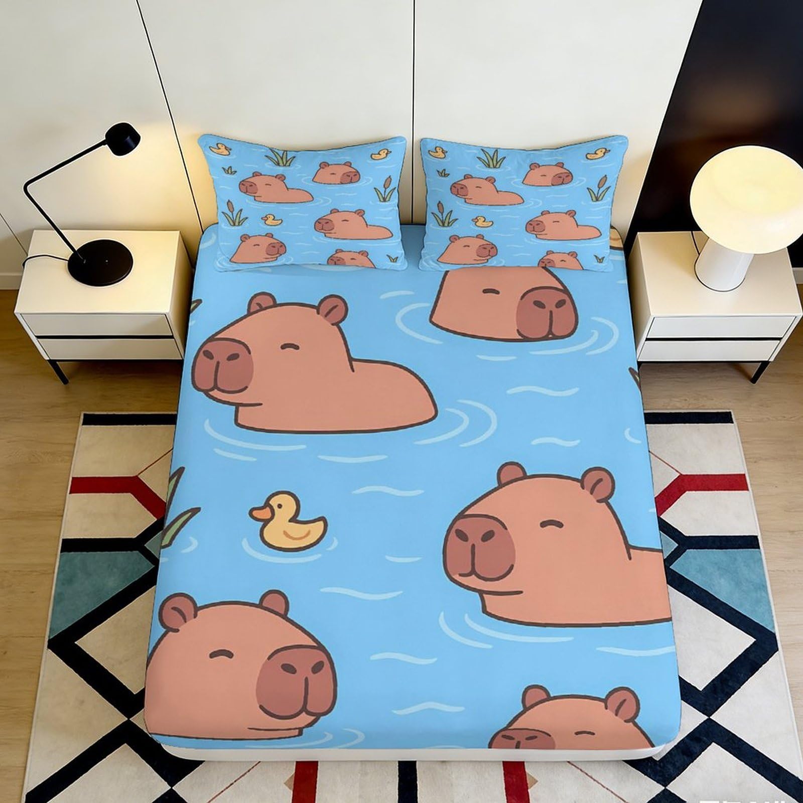 3D Printed Capybara Duck Fitted Sheet Microfiber Anti-Slip Water Cartoon Bed Cover for Bedroom Dorm Mattress Protection Decor 90x200x25cm