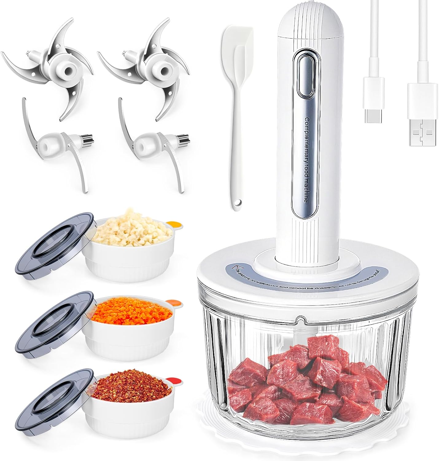 Electric Meat Grinder, Food Processor, Procesador De Alimentos with 4 Blades & 4 Bowls (8 Cup + 3x0.5 Cup), Portable Kitchen Meat Grinders for Home Use, Picnic, Camping