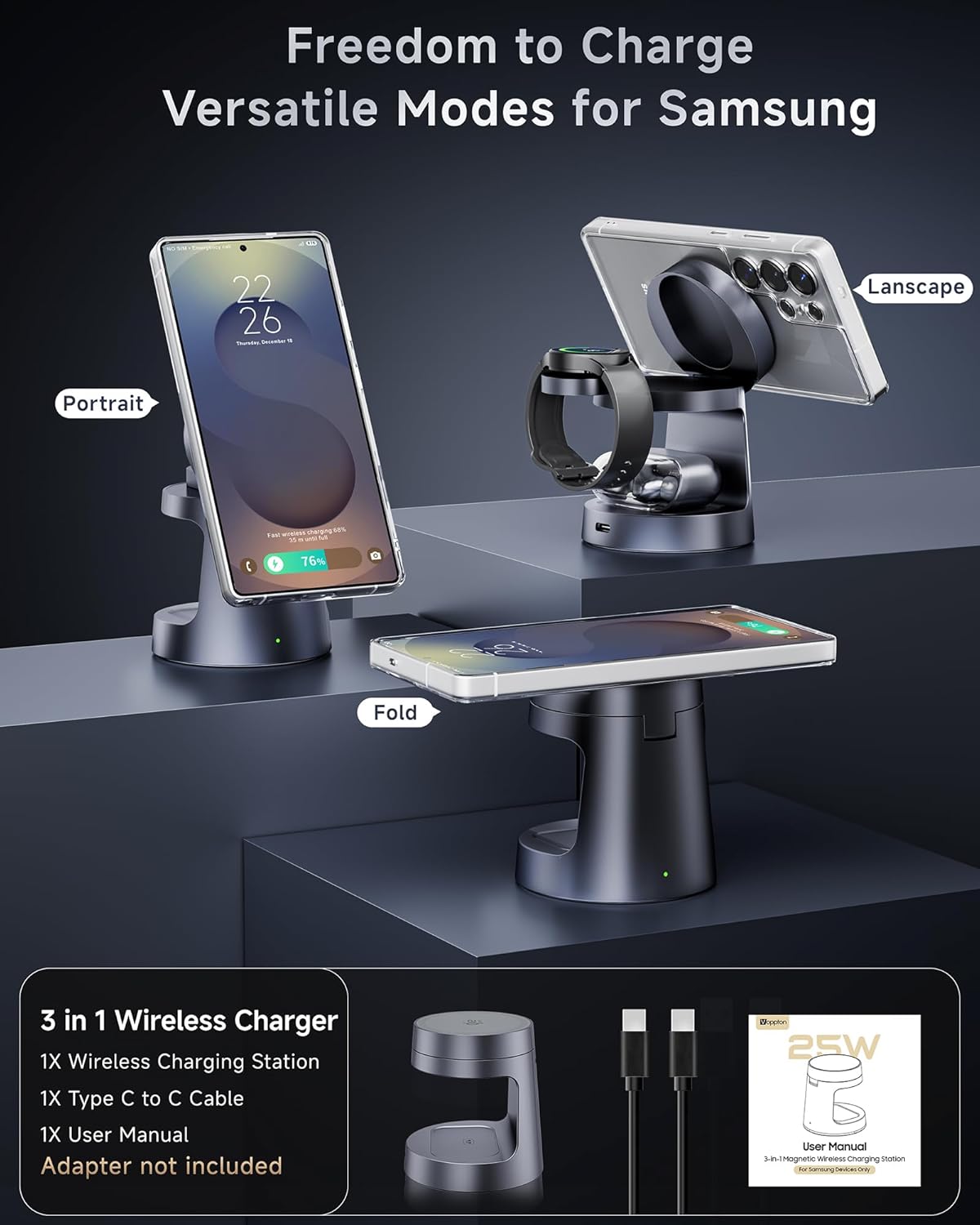 Qi2.2 25W 3-in-1 Magnetic Wireless Charger for Samsung, Fast Mag-Safe Charging Station with Night Light, Ultra-Compact Travel Charger Stand for Galaxy S26 Ultra/S25/S24 & Galaxy Watch 8/7 (No Adapter) - Image 9