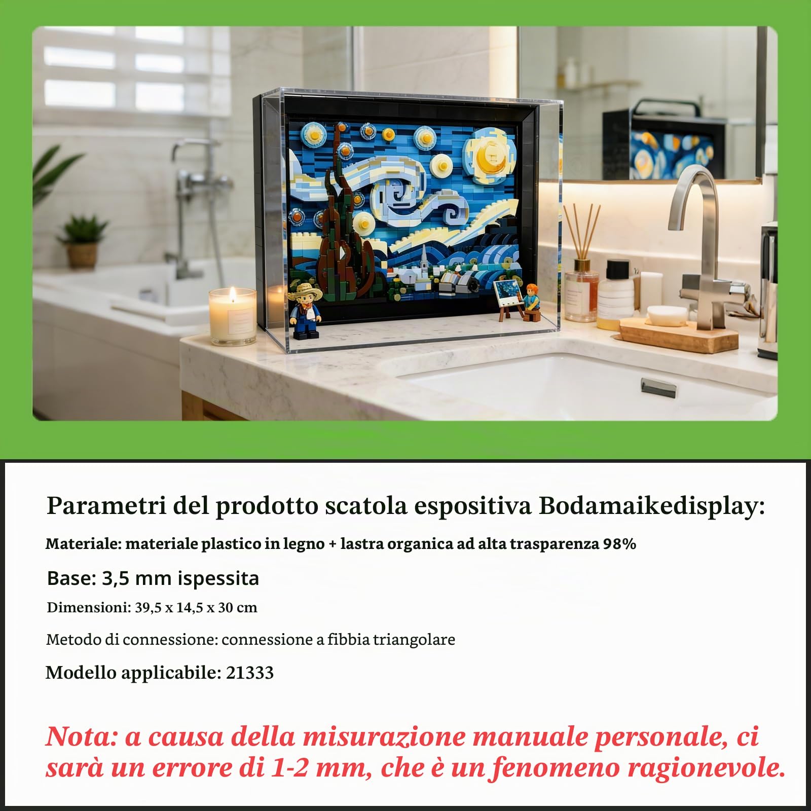Supporto da parete per LEGO 21333 Van Goghs Notte stellata, vetrina trasparente antipolvere, supporto da parete integrato (modello non incluso)