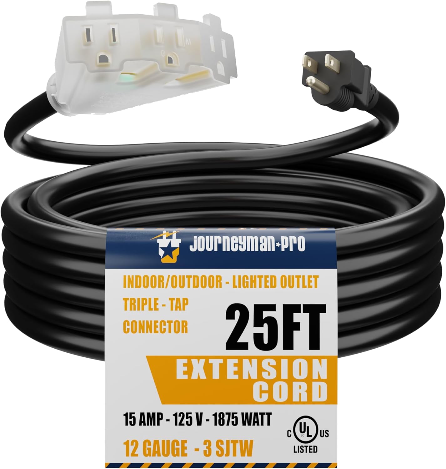 Lighted Outdoor Extension Cord 3 Electrical Power Outlets Fan Style by Journeyman-Pro 12/3 SJTW Heavy Duty Black Cable 3 Prong Grounded Plug 15 AMP | 2, 10, 25, 50 Foot (Black - 25 FT)