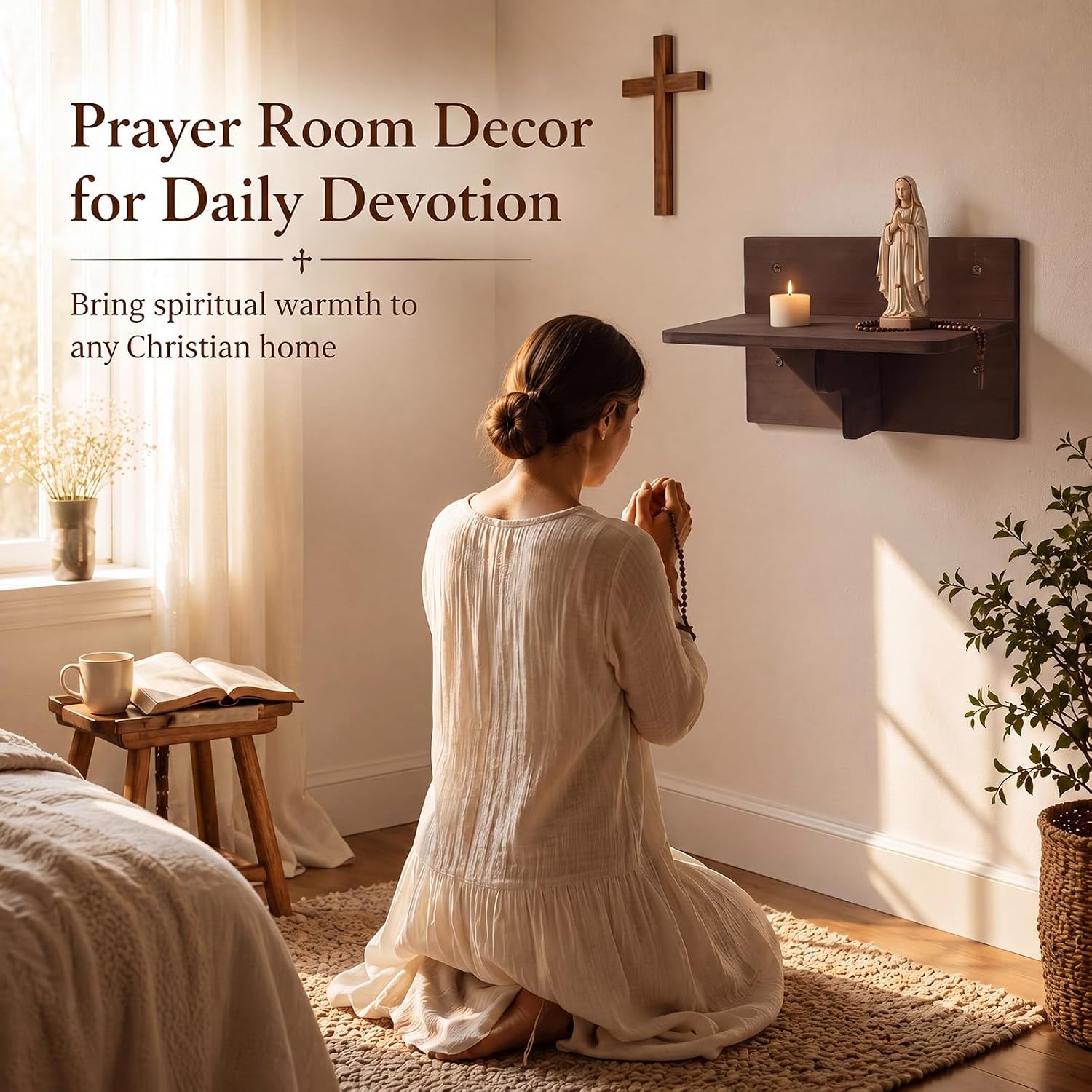 3 Pcs Wall Shrine for Christian Figurines Floating Altar Shelf | 9.8 x 5.9 Inch, Mother Mary Statue Jesus Display Solid Pine Wood Altar Dark Brown Niche Display Shelf Prayer Room Decor