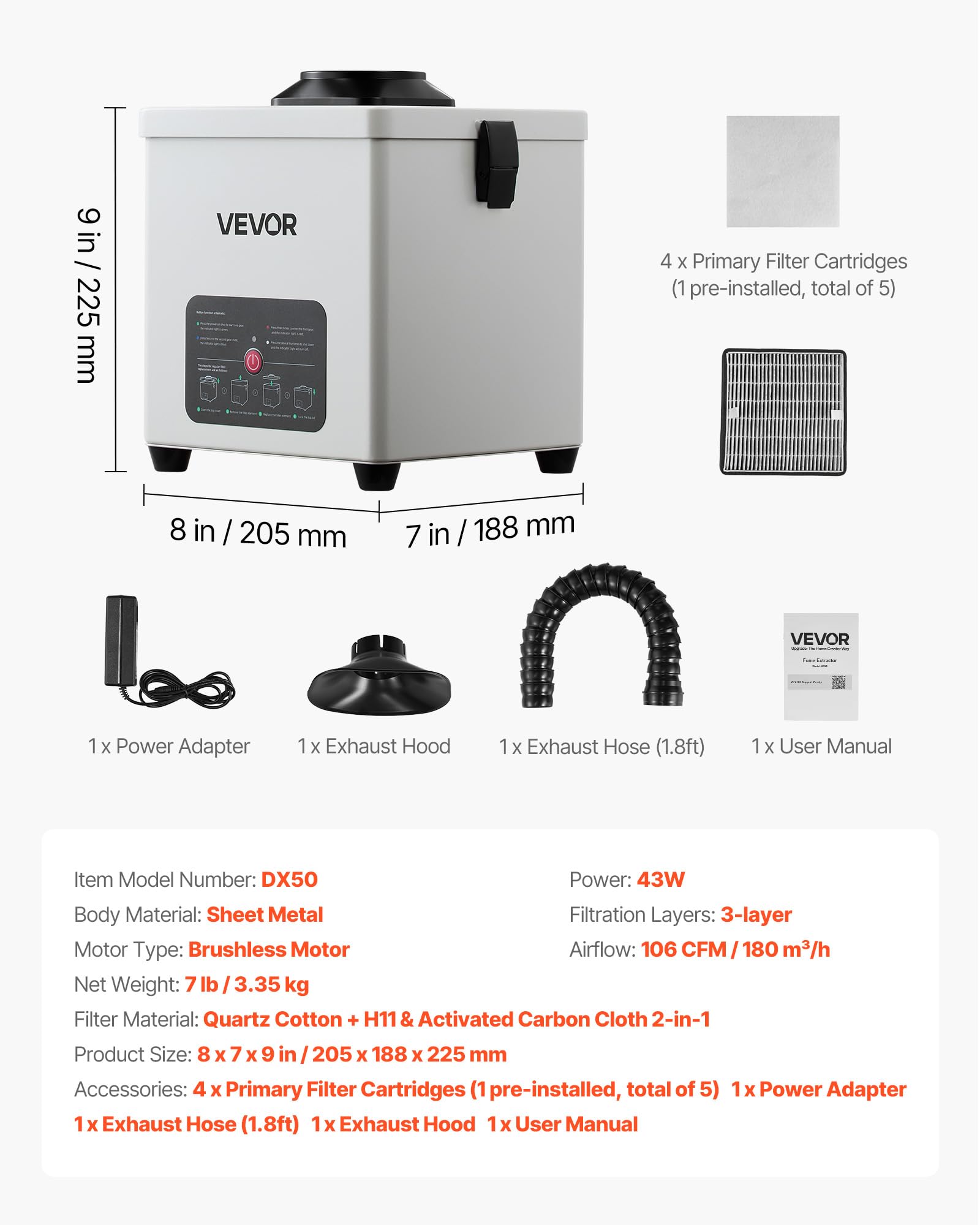 VEVOR Extractor de Humos de Soldadura 43 W, Sistema de Filtración de 3 Etapas, Flujo de Aire de 180 m³/h, Absorbedor de Humos de Soldadura con Motor sin Escobillas, Manguera Flexible de 360°
