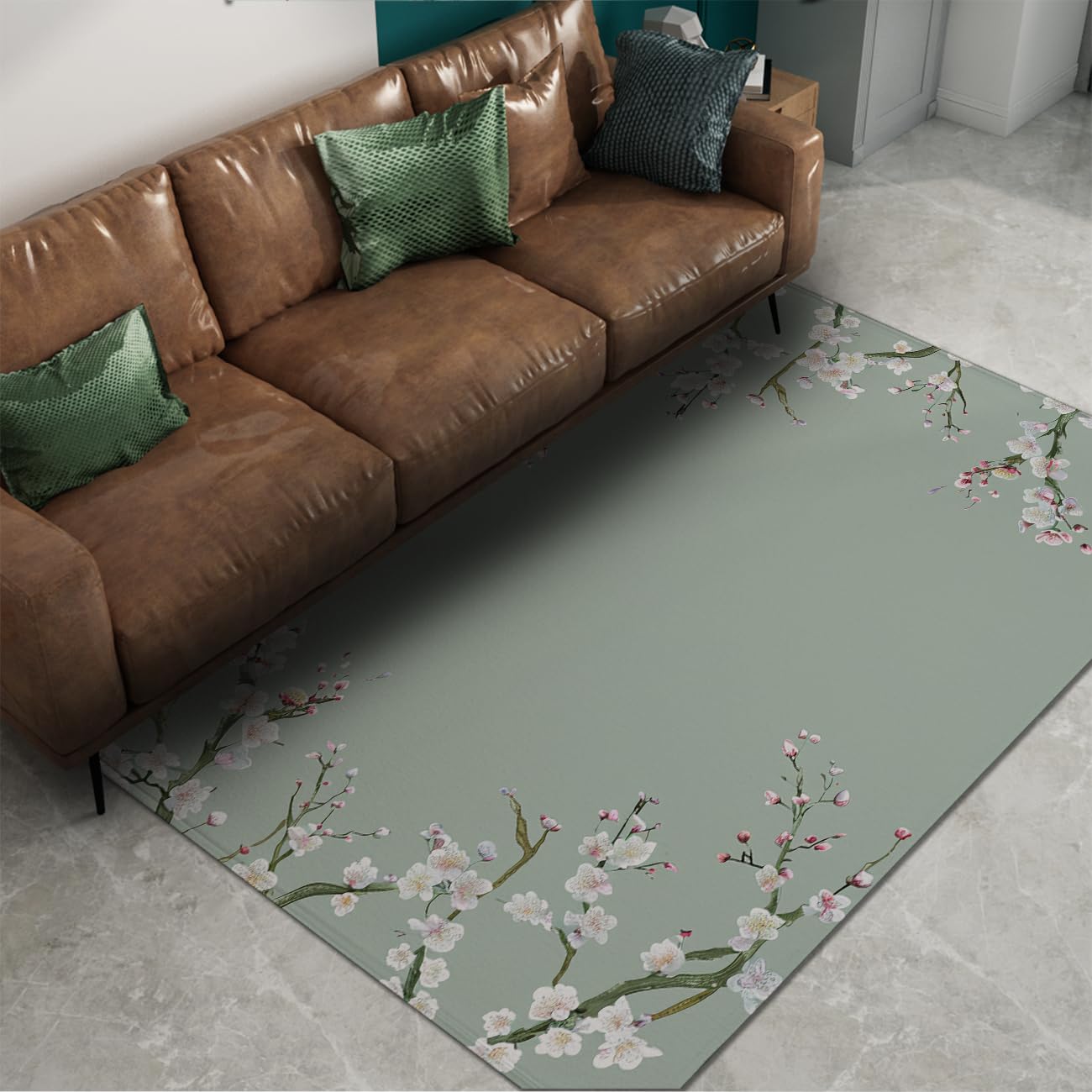 100x200cm Tapis Fleuri Rose Fleurs de Cerisier Vert Sauge Rugs Oriental Japonais à Poil Bas Lavable pour Salon Chambre Tapis de Sol