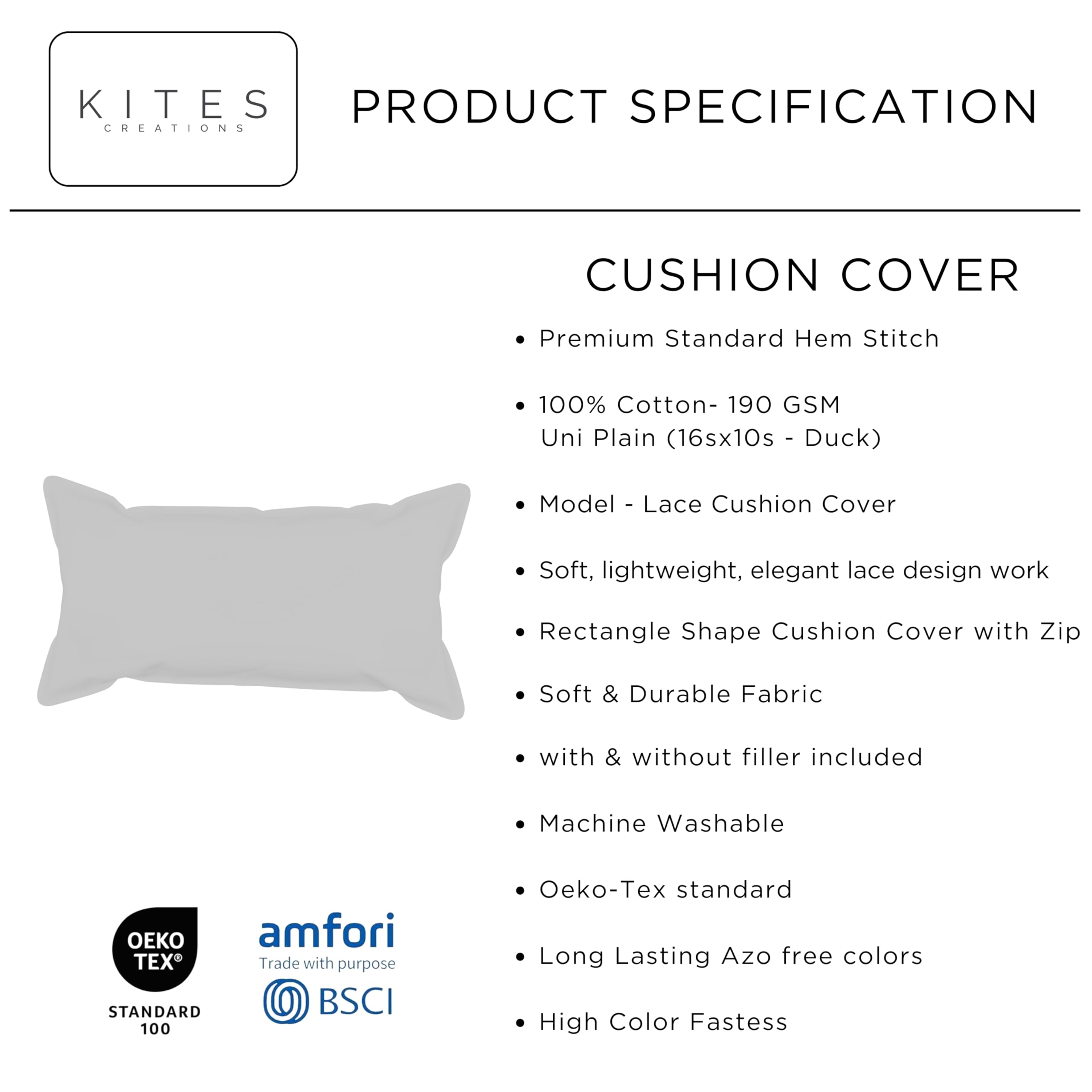 KITES CREATIONS 100% Cotton Lace Style Cushion Without Filler, Elegant & Modern Cushion Cover for Living Room, Rectangle Shape, 12"x20", uni Plain, Set of 5 - Half White