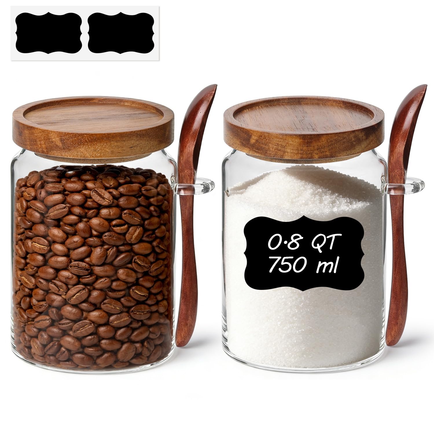 ComSaf Coffee Container, 25.3OZ Canister with Stainless Lids, 2 PCS Glass Storage Container with Shelf, Coffee Bean Storage Jars with Metal Scoop