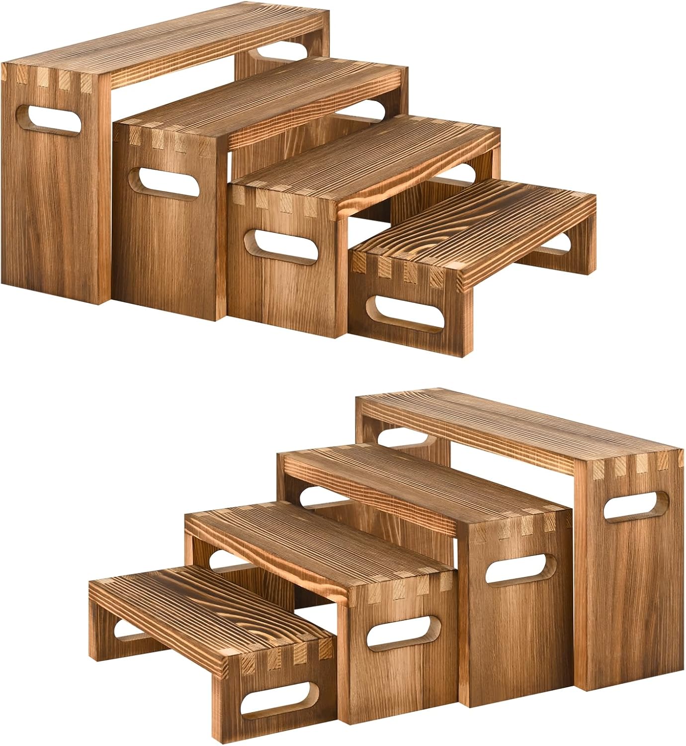 8 pcs wood risers display stands, 2 set wooden risers for table display, 4 tier rectangular riser display stand wooden for cupcake, desserts, perfume, collections, jewelry showcase 8pcs(7"x8"x9"x10" - 2 sets)