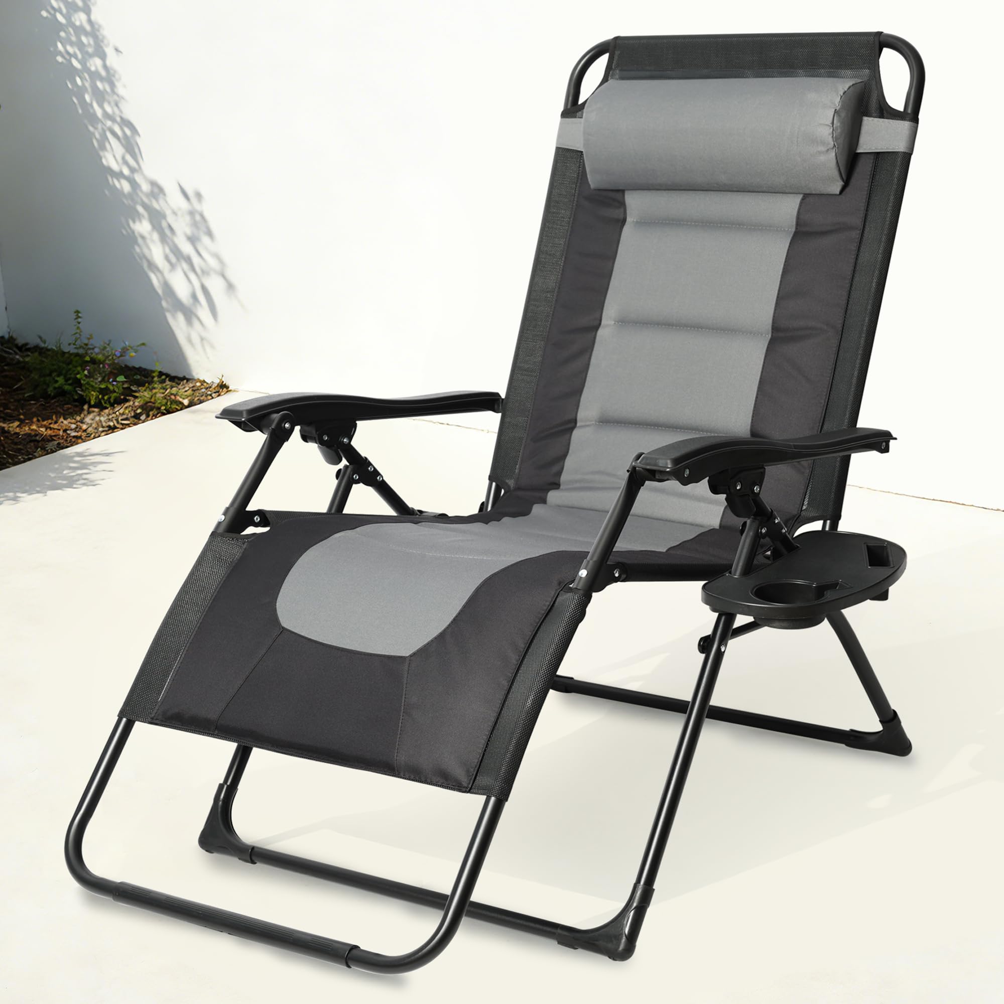 Sdraio da Giardino, Sedia Pieghevole Gravità Zero da Esterno con Portabicchieri e Poggiatesta Regolabile, Sdraio Lettino Prendisole, Poltrona Relax Reclinabile per Terrazzo Patio Balcone,grigio