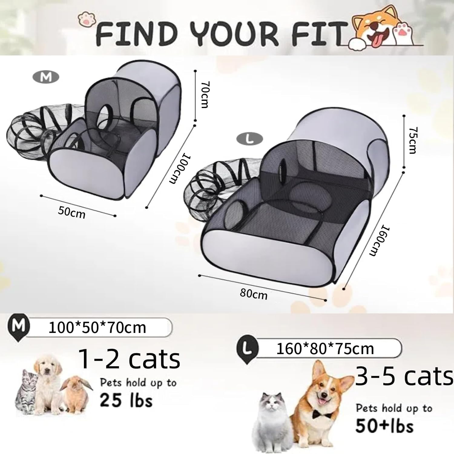 Portable Pet Playpen with Tunnel - Foldable Cat/Kitten Enclosure Tent, Lightweight Interactive Pet House for Small Animals - Ideal for Home, Camping & Travel (Medium) - Image 3