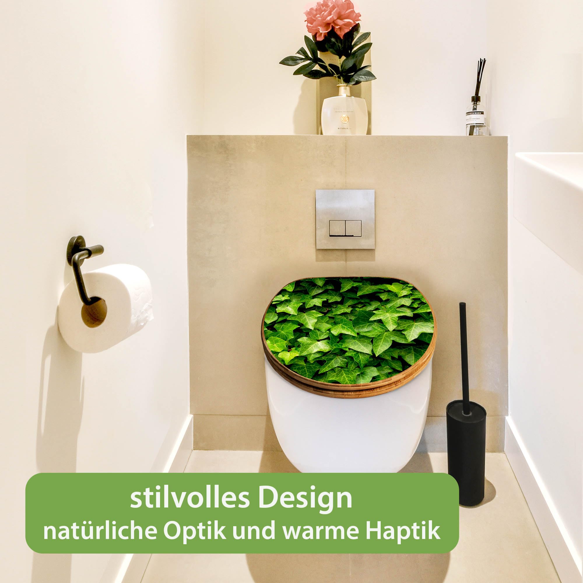 banjado Design WC Sitz Bambus Absenkautomatik 45,8x37,5cm - Toilettendeckel mit Absenkautomatik Holz - hochwertiger Bambus Klodeckel - WC-Sitz für gängigen Toiletten - Motiv Efeu