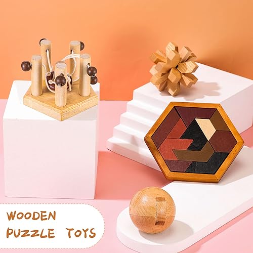 Miniatura 3 de Hungdao Rompecabezas de 5 piezas de rompecabezas de metal y madera para niños y adultos, juego mental, prueba de lógica, rompecabezas de mano,